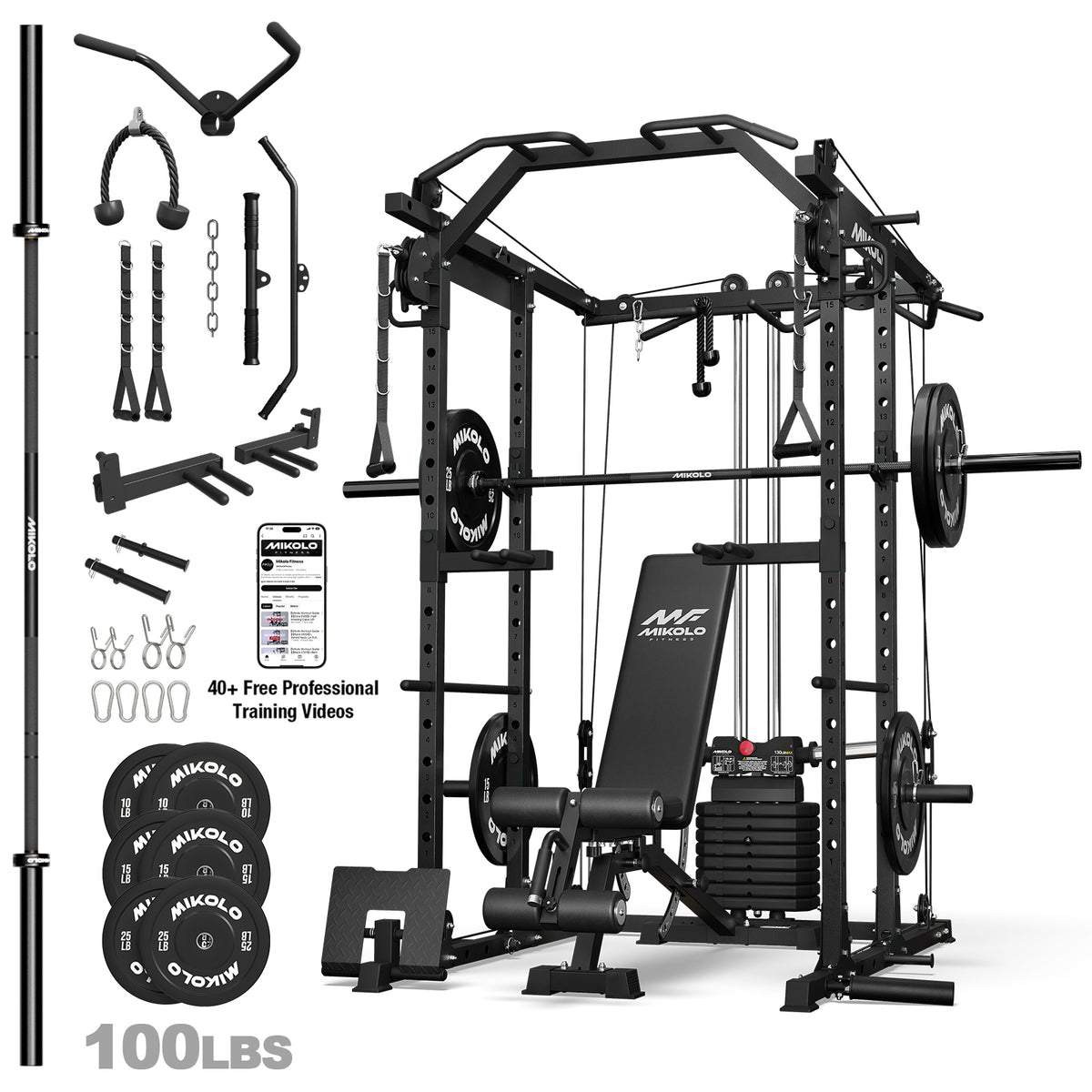 Mikolo Power Rack, 104LB Weight Stack Power Cage with Cable Crossover Machine, Multi-Function Squat Rack with 1200LBS Weight Bench, Barbell & 230LBS Plate for Home Gym Red