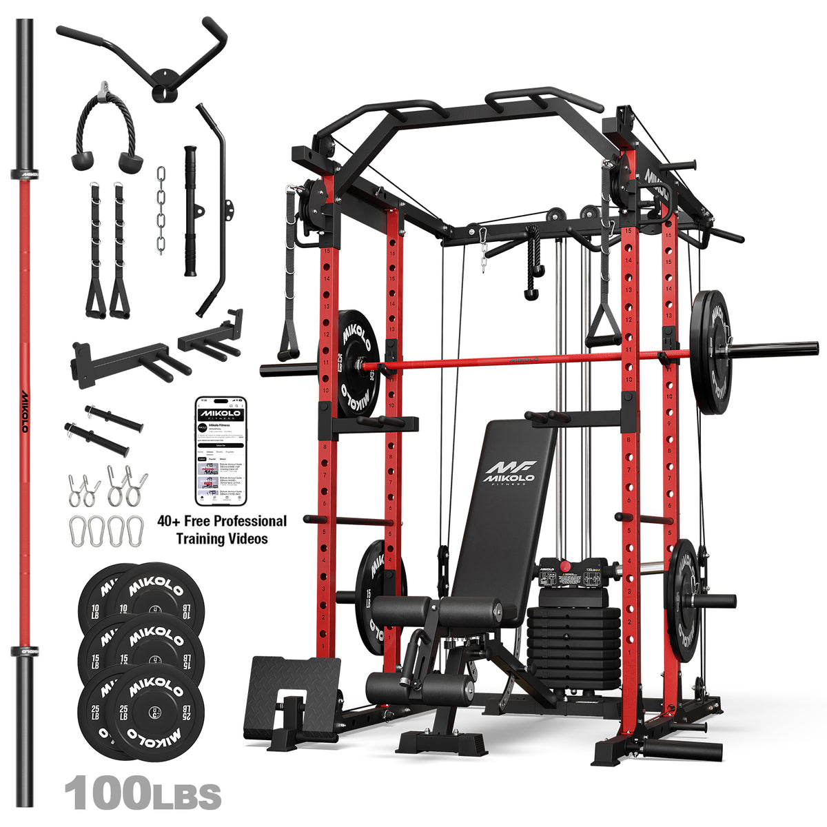 Mikolo Power Rack, 104LB Weight Stack Power Cage with Cable Crossover Machine, Multi-Function Squat Rack with 1200LBS Weight Bench, Barbell & 230LBS Plate for Home Gym Red