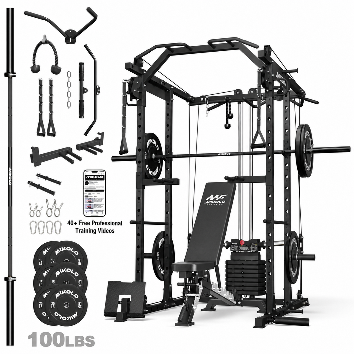 Mikolo Power Rack Cage, Weight Stack Power Cage with Cable Crossover Machine, Multi-Function Squat Rack with 1200LBS Weight Bench, Barbell & 230LBS Plate for Home Gym Red