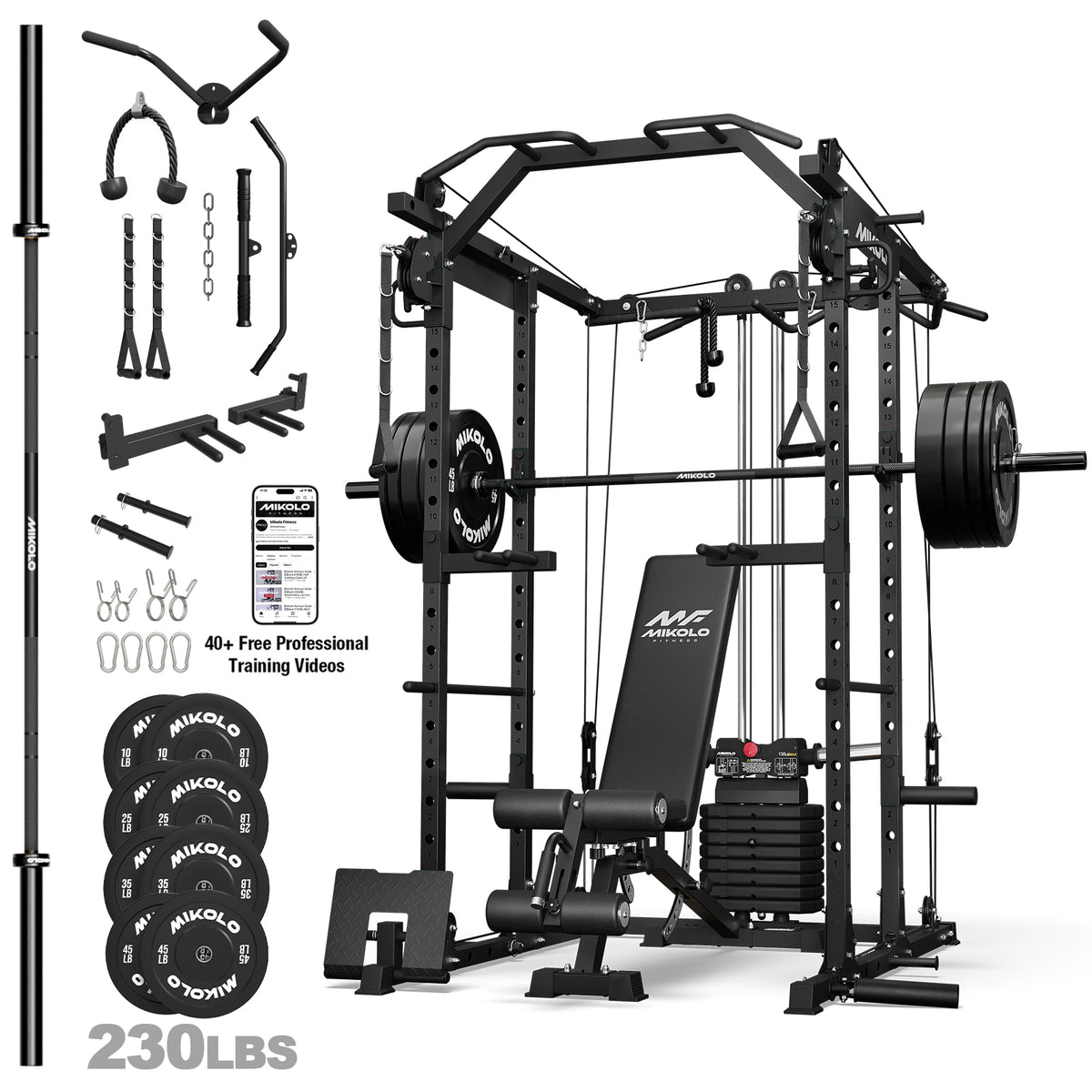 Mikolo Power Rack, 104LB Weight Stack Power Cage with Cable Crossover Machine, Multi-Function Squat Rack with 1200LBS Weight Bench, Barbell & 230LBS Plate for Home Gym Red