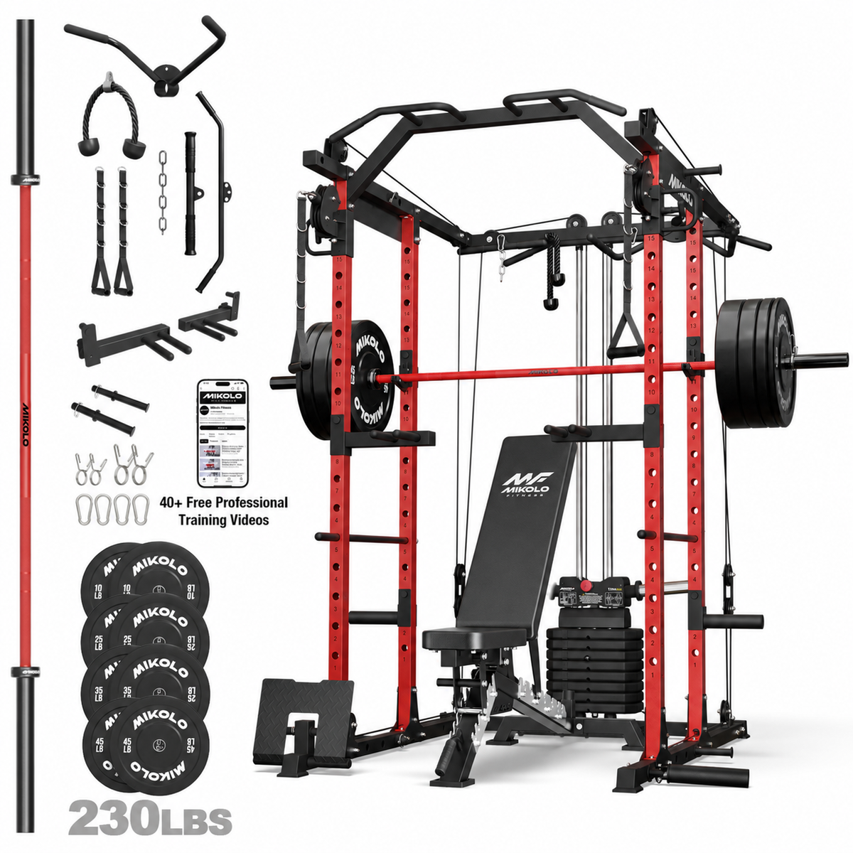 Mikolo Power Rack Cage, Weight Stack Power Cage with Cable Crossover Machine, Multi-Function Squat Rack with 1200LBS Weight Bench, Barbell & 230LBS Plate for Home Gym Red