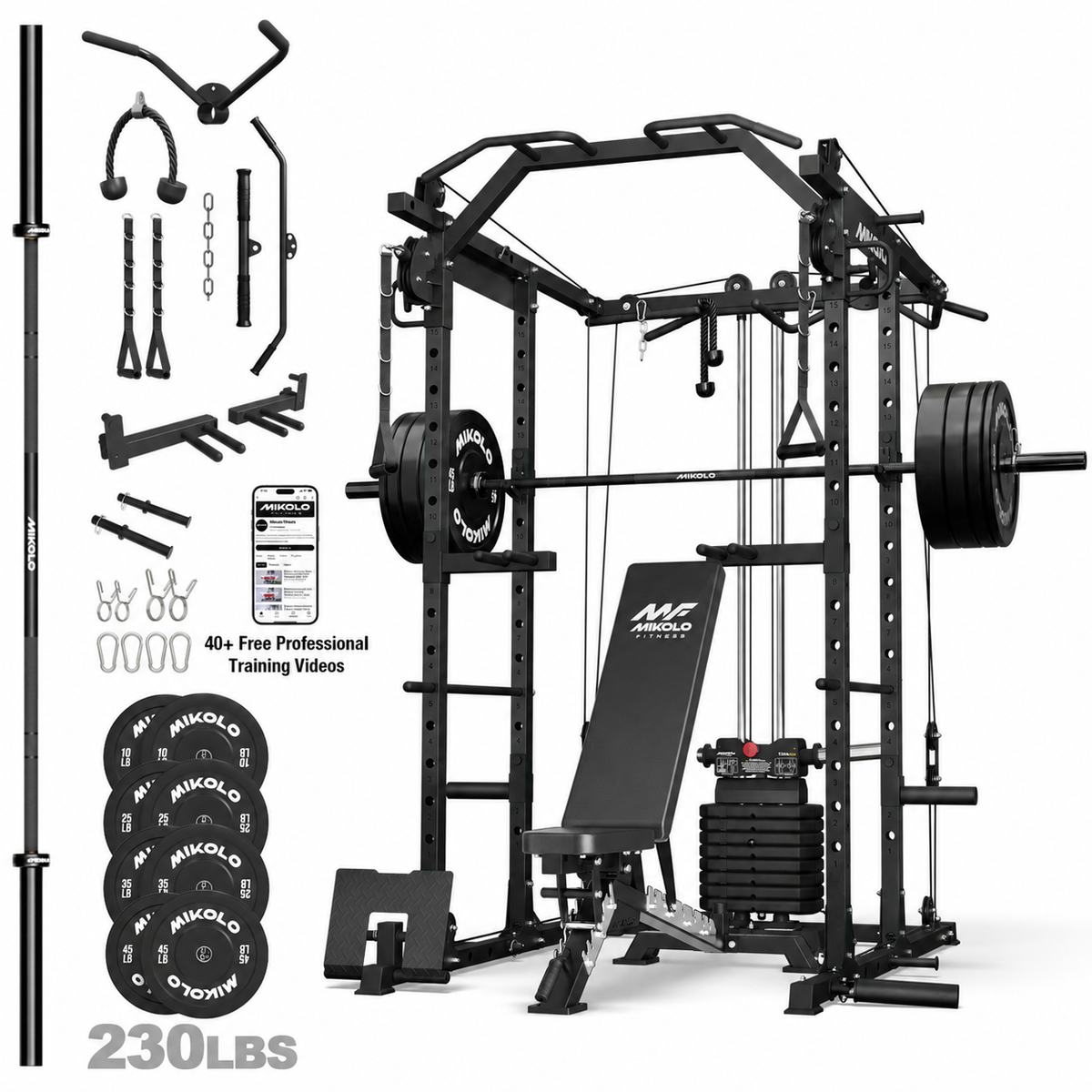 Mikolo Power Rack Cage, Weight Stack Power Cage with Cable Crossover Machine, Multi-Function Squat Rack with 1200LBS Weight Bench, Barbell & 230LBS Plate for Home Gym Red