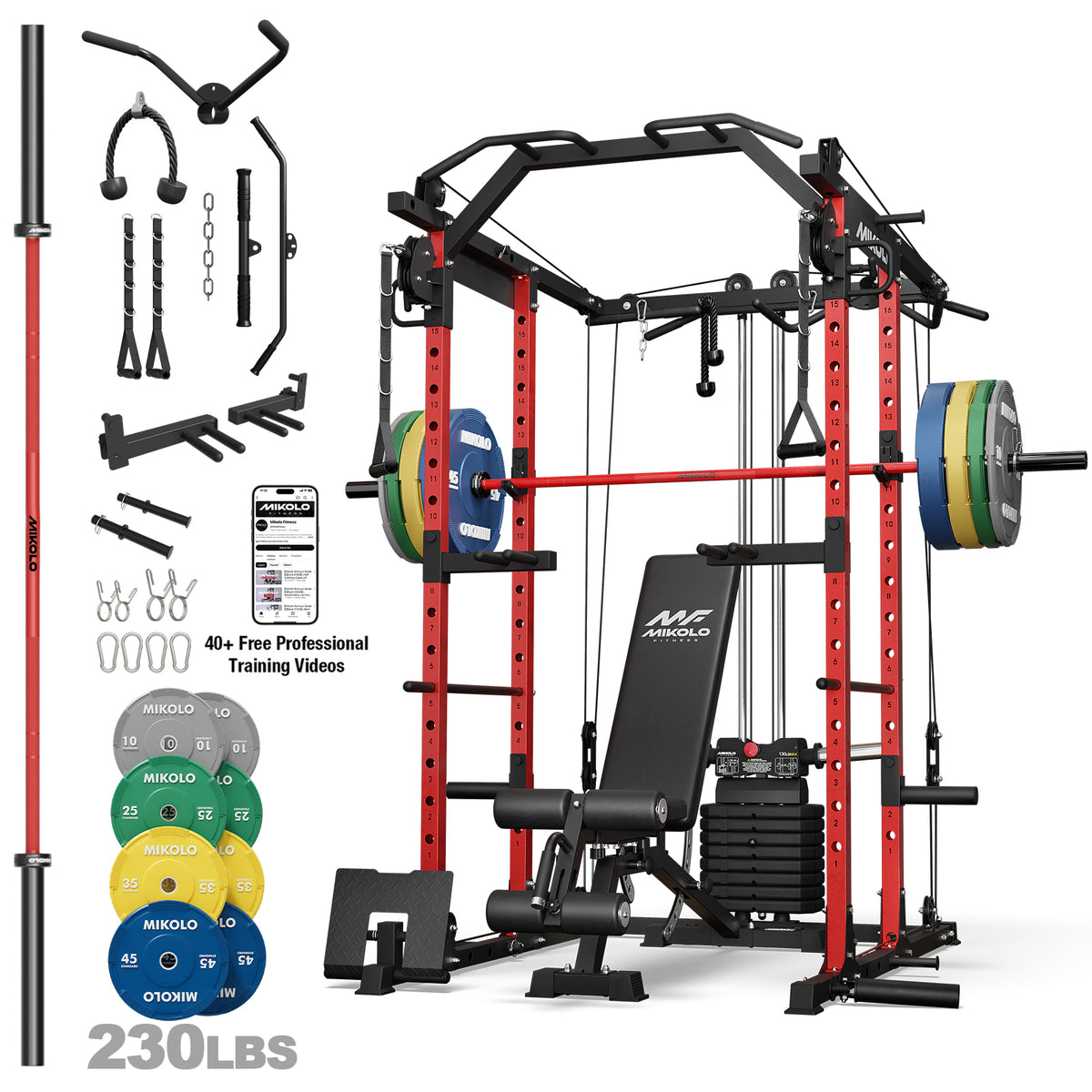 Mikolo Power Rack, 104LB Weight Stack Power Cage with Cable Crossover Machine, Multi-Function Squat Rack with 1200LBS Weight Bench, Barbell & 230LBS Plate for Home Gym Red