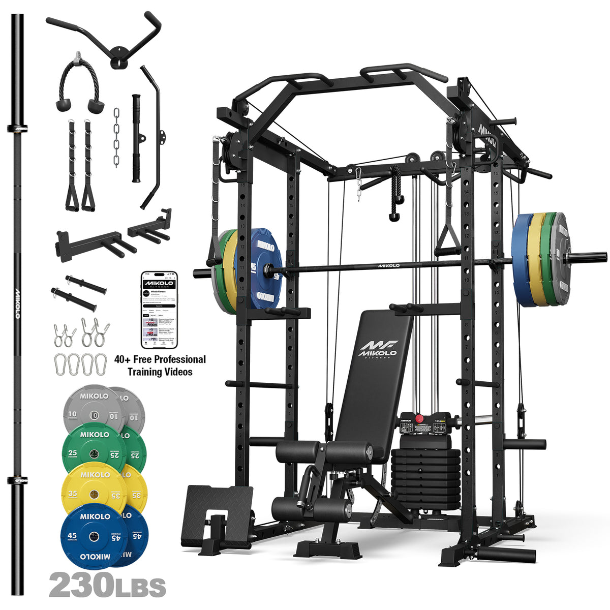 Mikolo Power Rack, 104LB Weight Stack Power Cage with Cable Crossover Machine, Multi-Function Squat Rack with 1200LBS Weight Bench, Barbell & 230LBS Plate for Home Gym Red