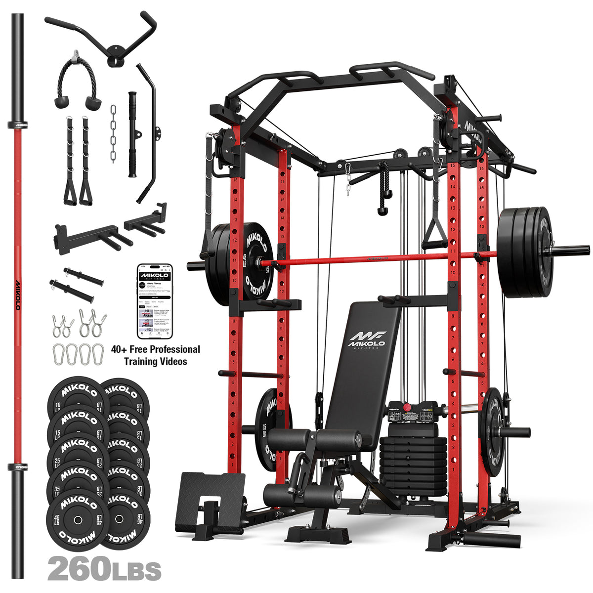 Mikolo Power Rack, 104LB Weight Stack Power Cage with Cable Crossover Machine, Multi-Function Squat Rack with 1200LBS Weight Bench, Barbell & 230LBS Plate for Home Gym Red