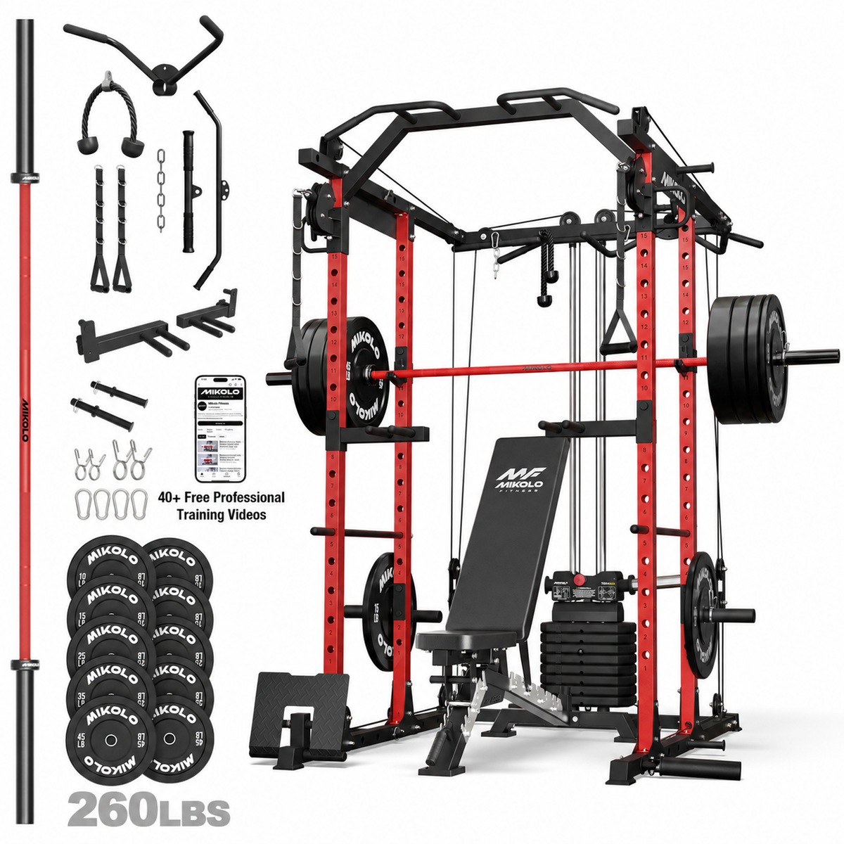 Mikolo Power Rack Cage, Weight Stack Power Cage with Cable Crossover Machine, Multi-Function Squat Rack with 1200LBS Weight Bench, Barbell & 230LBS Plate for Home Gym Red