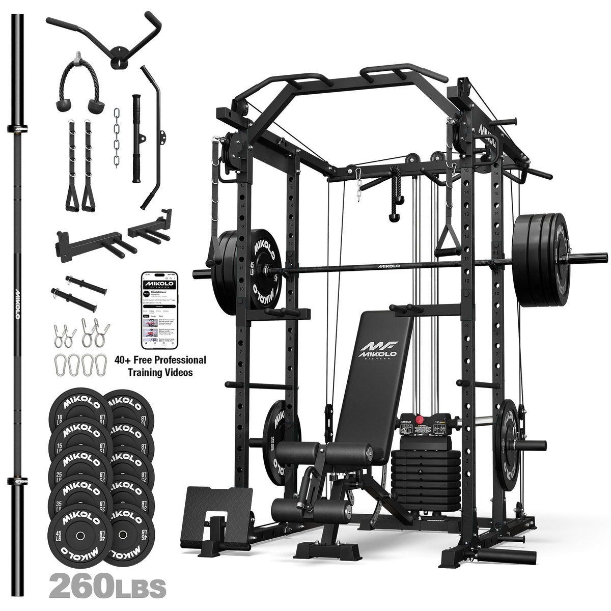 Mikolo Power Rack, 104LB Weight Stack Power Cage with Cable Crossover Machine, Multi-Function Squat Rack with 1200LBS Weight Bench, Barbell & 230LBS Plate for Home Gym Red