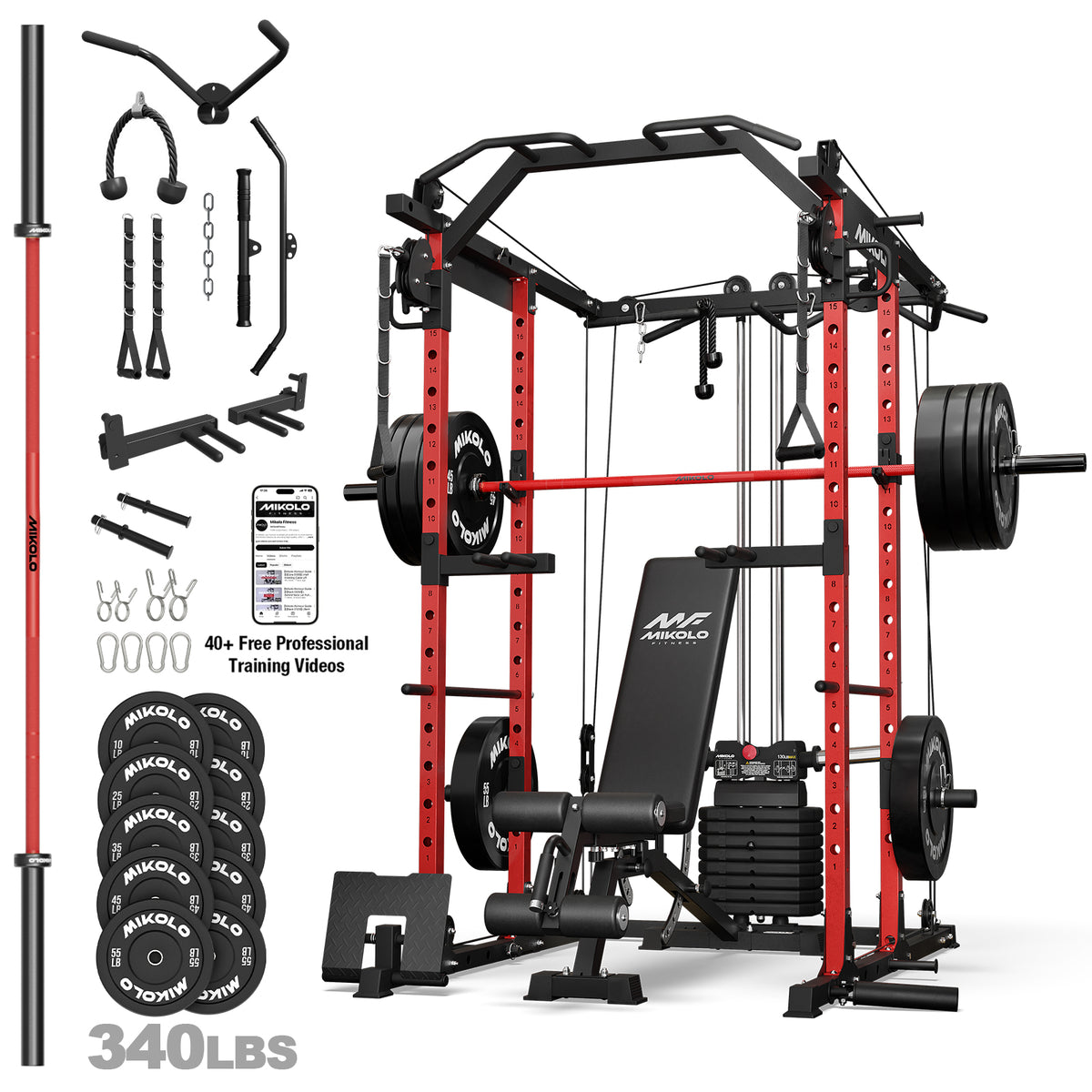 Mikolo Power Rack, 104LB Weight Stack Power Cage with Cable Crossover Machine, Multi-Function Squat Rack with 1200LBS Weight Bench, Barbell & 230LBS Plate for Home Gym Red