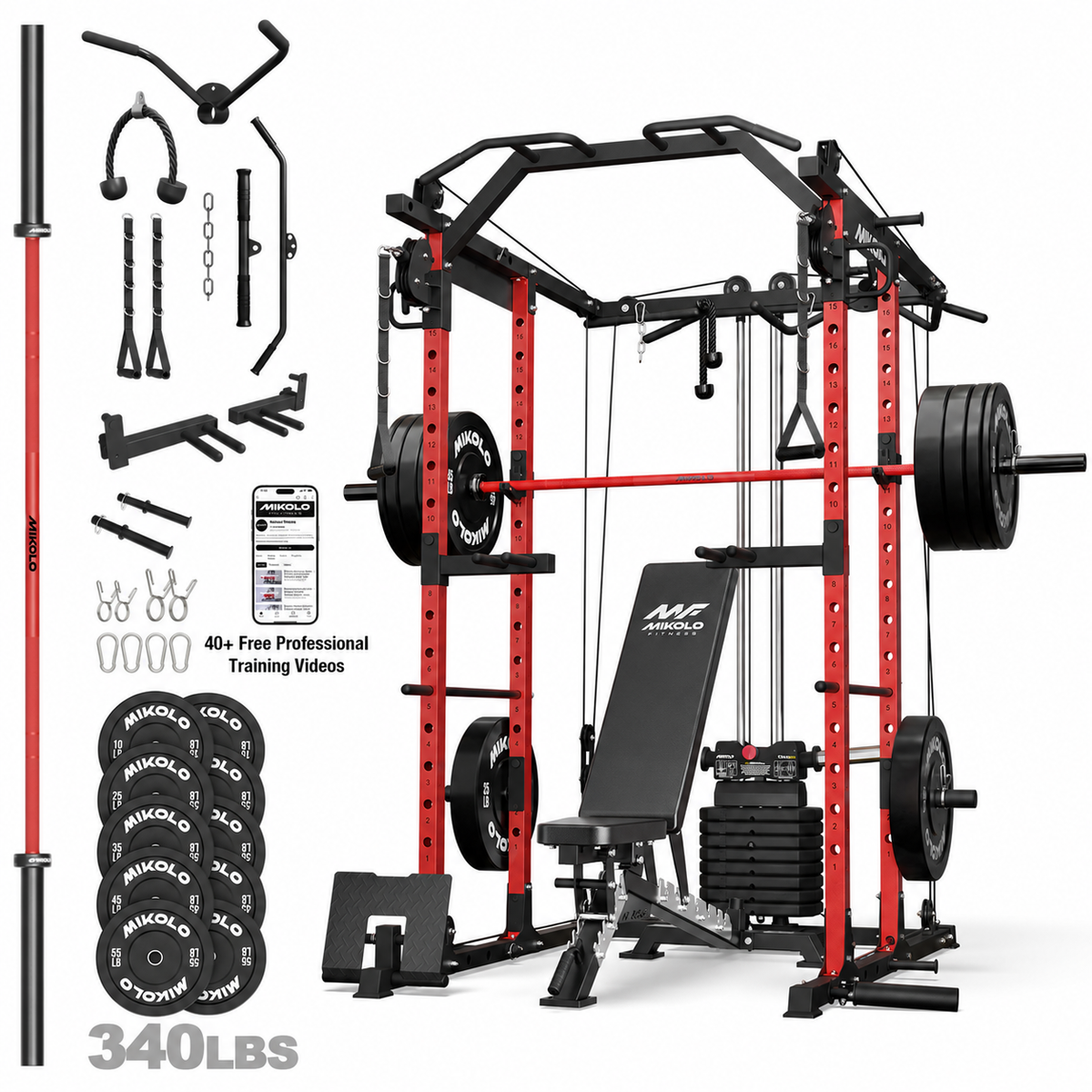 Mikolo Power Rack Cage, Weight Stack Power Cage with Cable Crossover Machine, Multi-Function Squat Rack with 1200LBS Weight Bench, Barbell & 230LBS Plate for Home Gym Red