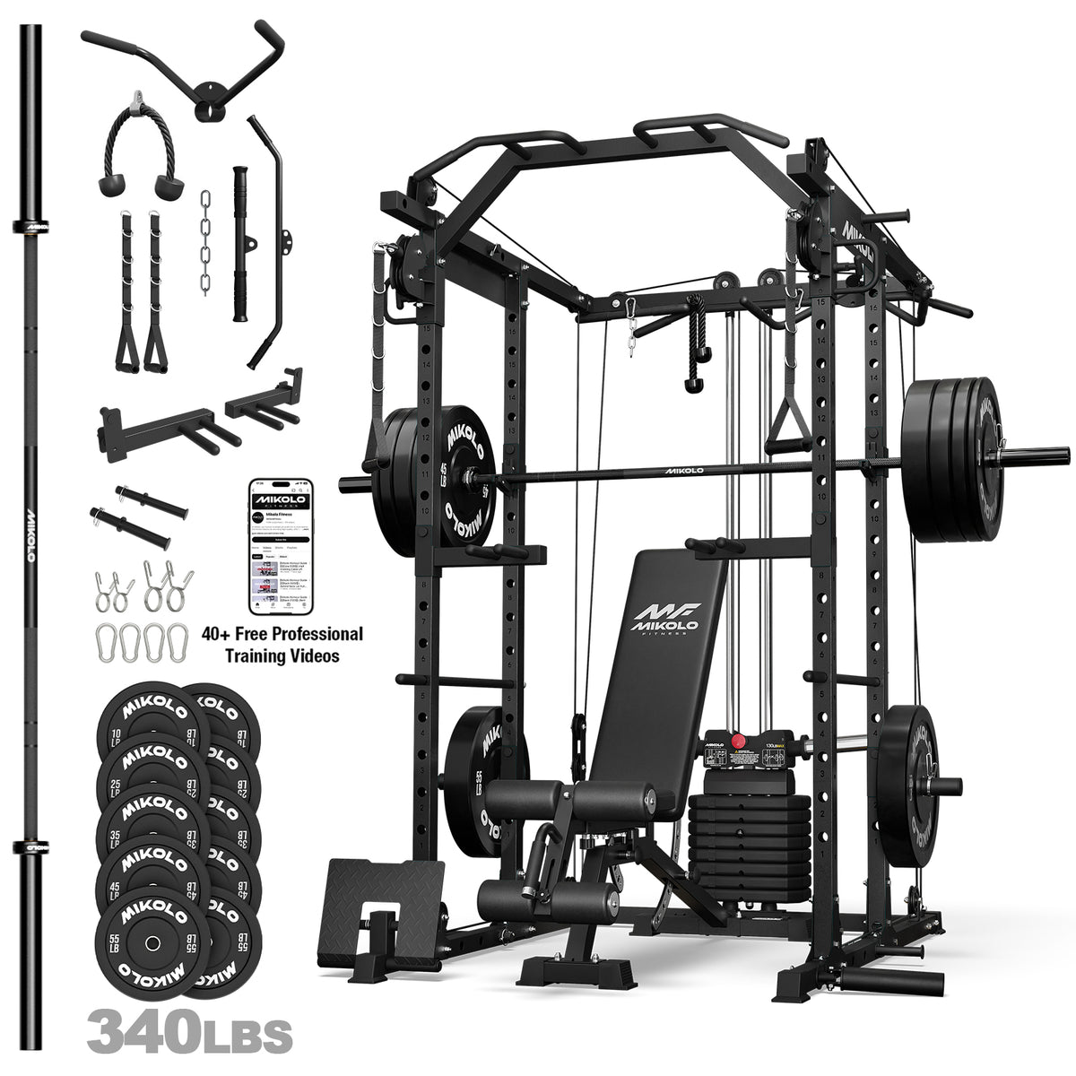 Mikolo Power Rack, 104LB Weight Stack Power Cage with Cable Crossover Machine, Multi-Function Squat Rack with 1200LBS Weight Bench, Barbell & 230LBS Plate for Home Gym Red