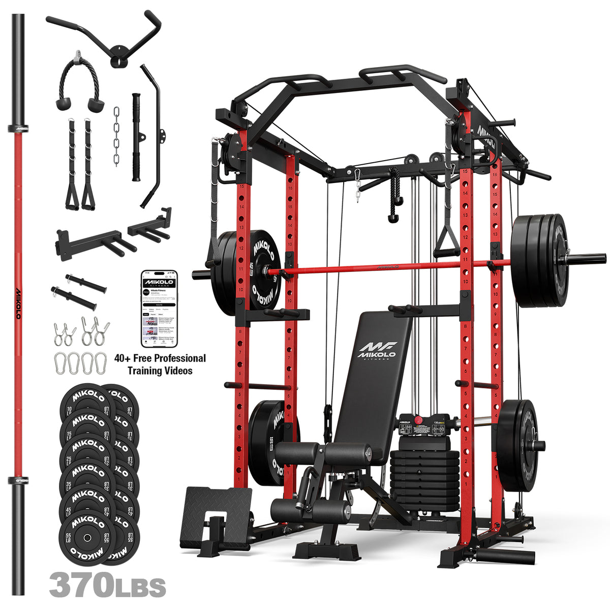 Mikolo Power Rack, 104LB Weight Stack Power Cage with Cable Crossover Machine, Multi-Function Squat Rack with 1200LBS Weight Bench, Barbell & 230LBS Plate for Home Gym Red