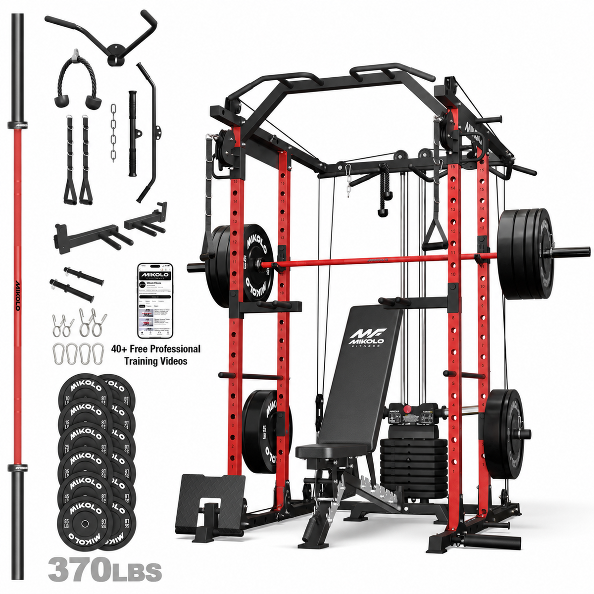 Mikolo Power Rack Cage, Weight Stack Power Cage with Cable Crossover Machine, Multi-Function Squat Rack with 1200LBS Weight Bench, Barbell & 230LBS Plate for Home Gym Red