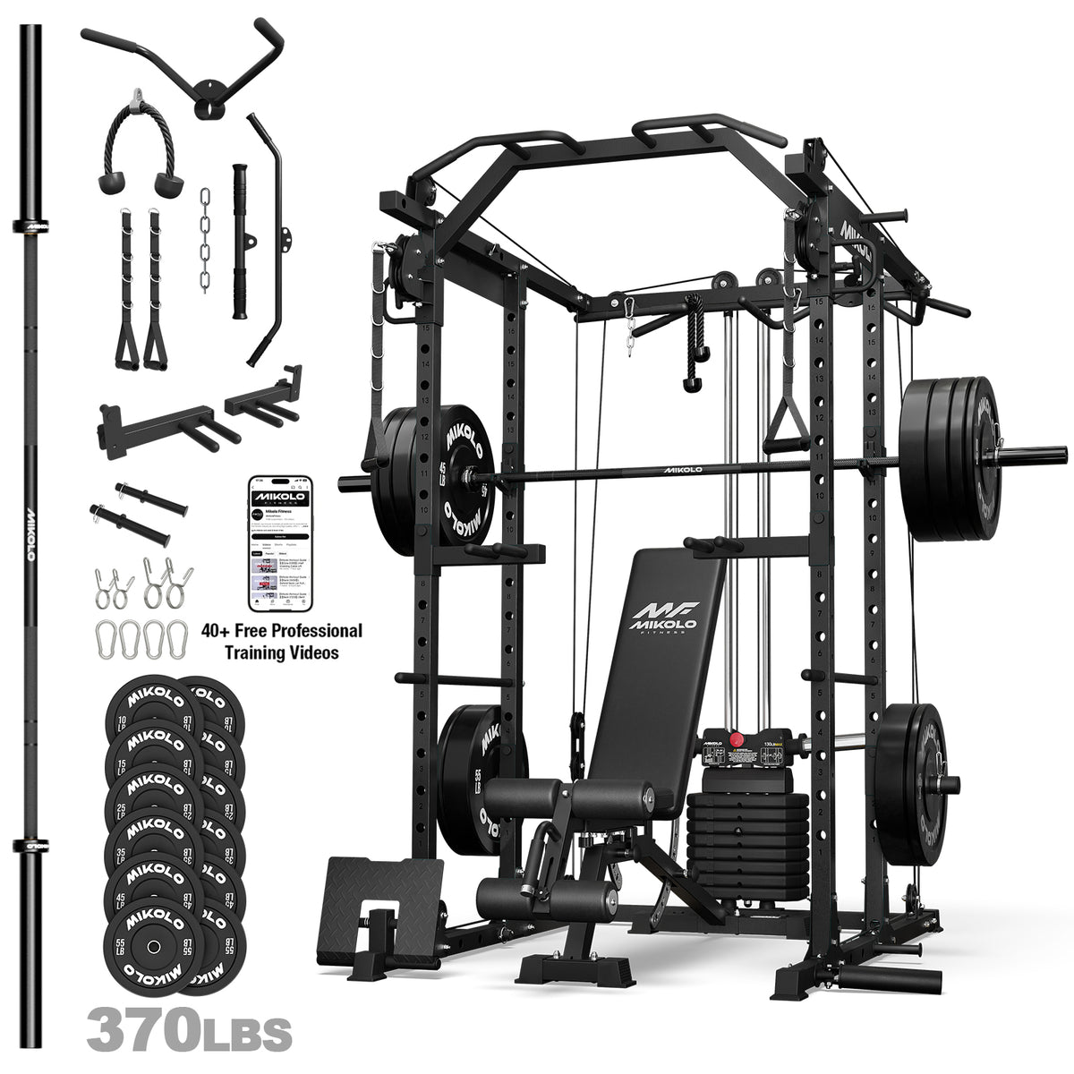 Mikolo Power Rack, 104LB Weight Stack Power Cage with Cable Crossover Machine, Multi-Function Squat Rack with 1200LBS Weight Bench, Barbell & 230LBS Plate for Home Gym Red