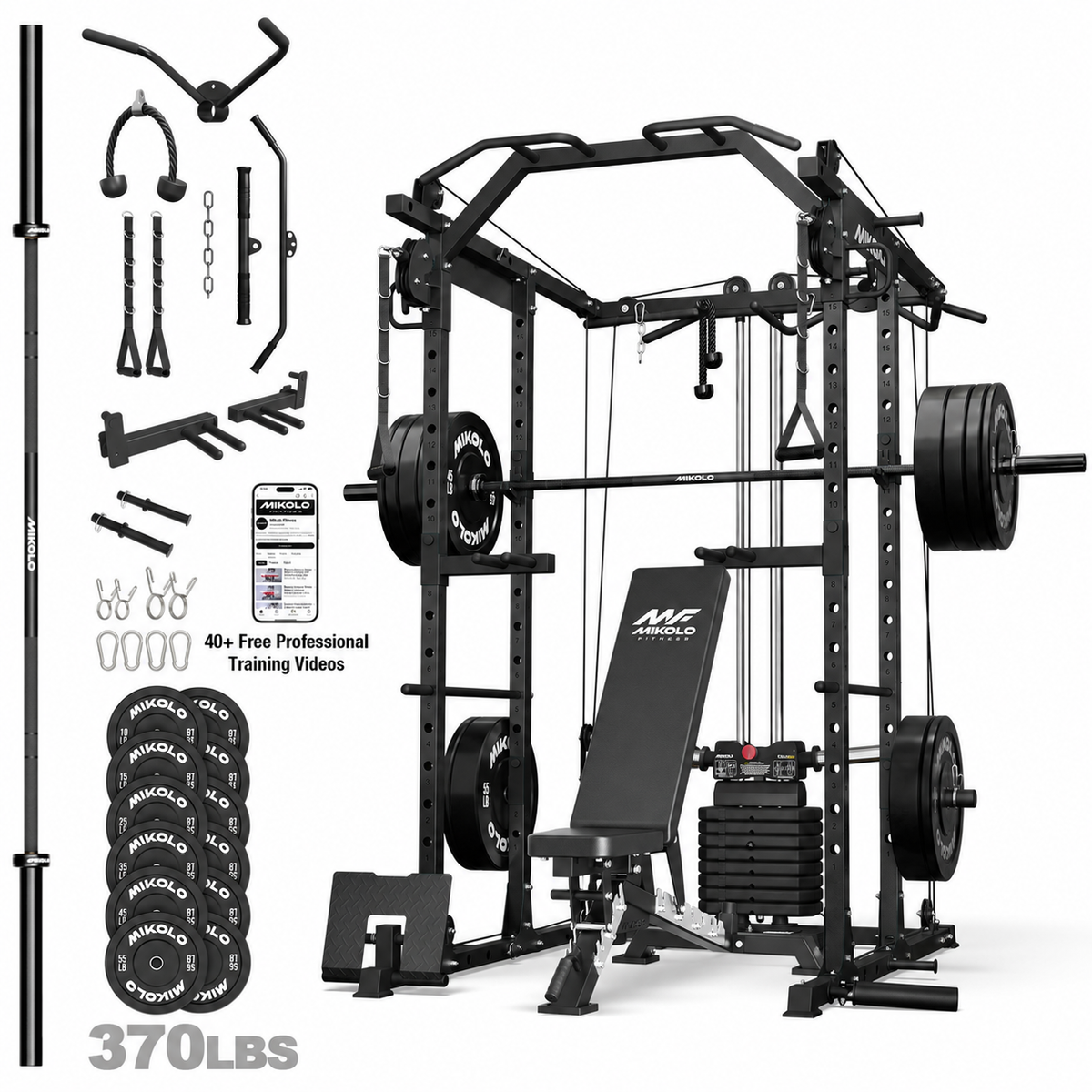 Mikolo Power Rack Cage, Weight Stack Power Cage with Cable Crossover Machine, Multi-Function Squat Rack with 1200LBS Weight Bench, Barbell & 230LBS Plate for Home Gym Red