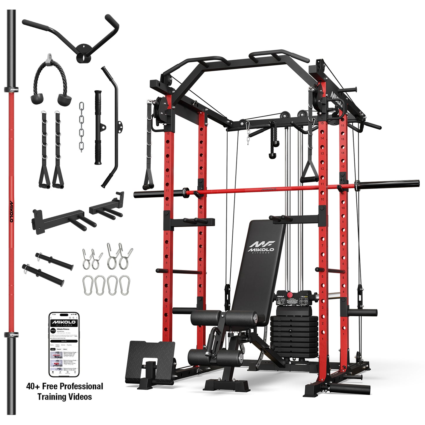 Mikolo Power Rack Cage, Weight Stack Power Cage with Cable Crossover Machine, Multi-Function Squat Rack with Dip Bars and Landmine for Home Gym Red