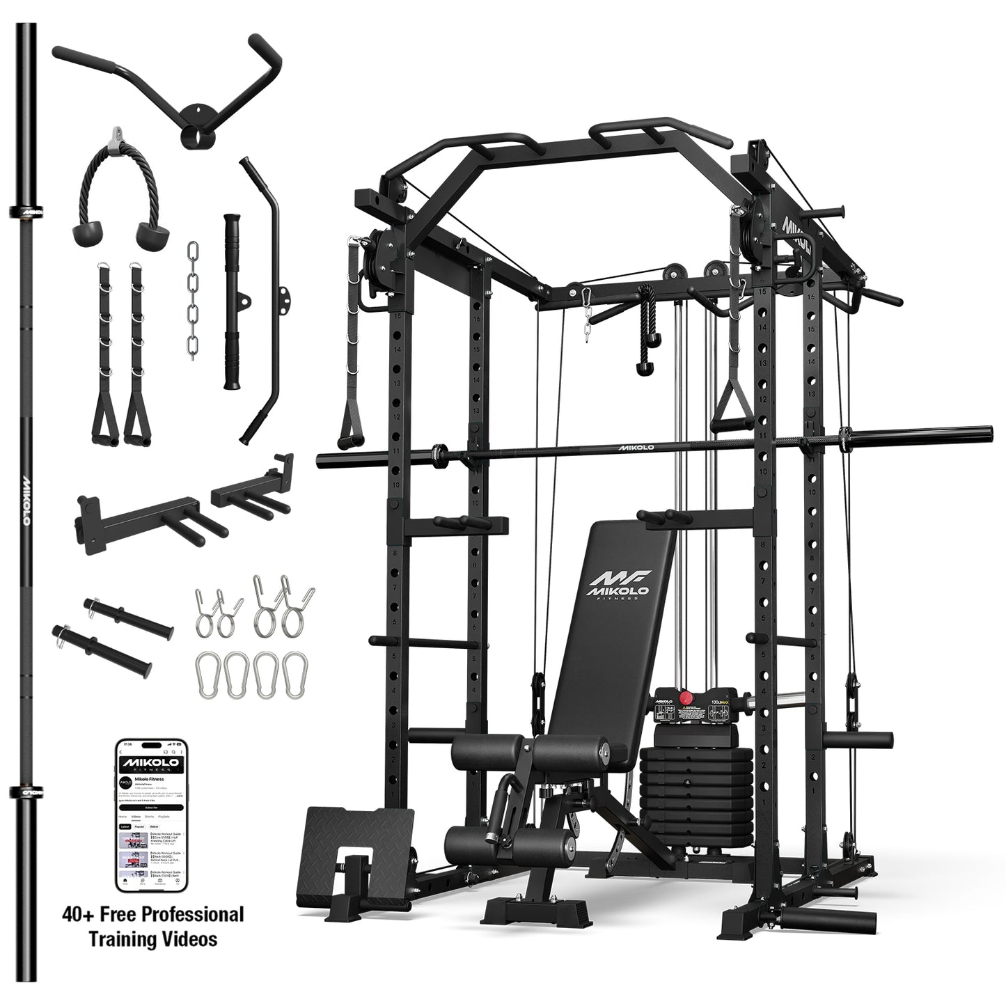 Mikolo Power Rack Cage, Weight Stack Power Cage with Cable Crossover Machine, Multi-Function Squat Rack with Dip Bars and Landmine for Home Gym Red