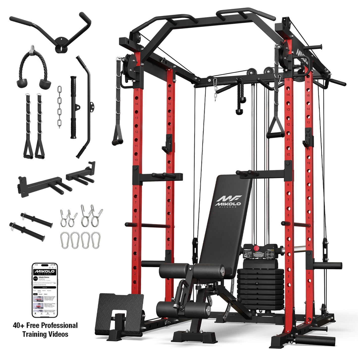 Mikolo Power Rack Cage, Weight Stack Power Cage with Cable Crossover Machine, Multi-Function Squat Rack with Dip Bars and Landmine for Home Gym Red