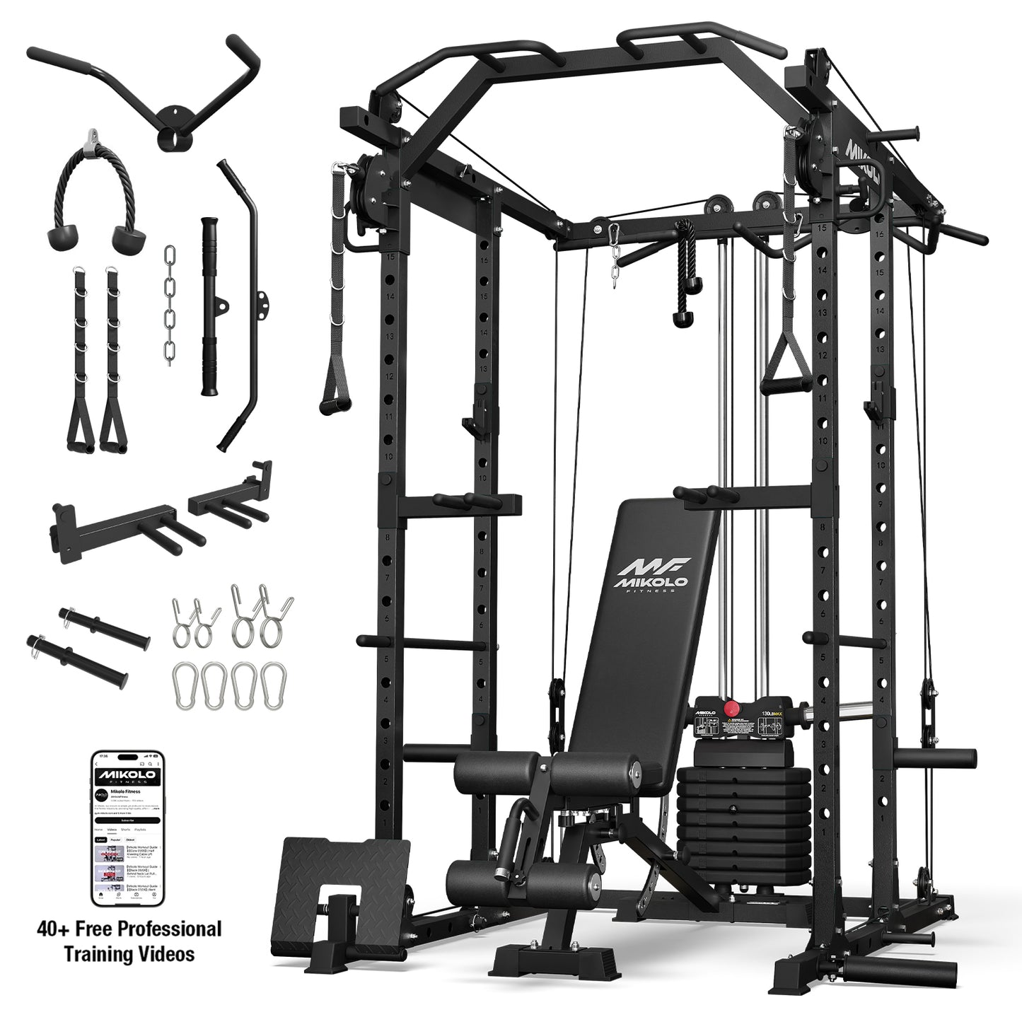Mikolo Power Rack Cage, Weight Stack Power Cage with Cable Crossover Machine, Multi-Function Squat Rack with Dip Bars and Landmine for Home Gym Red