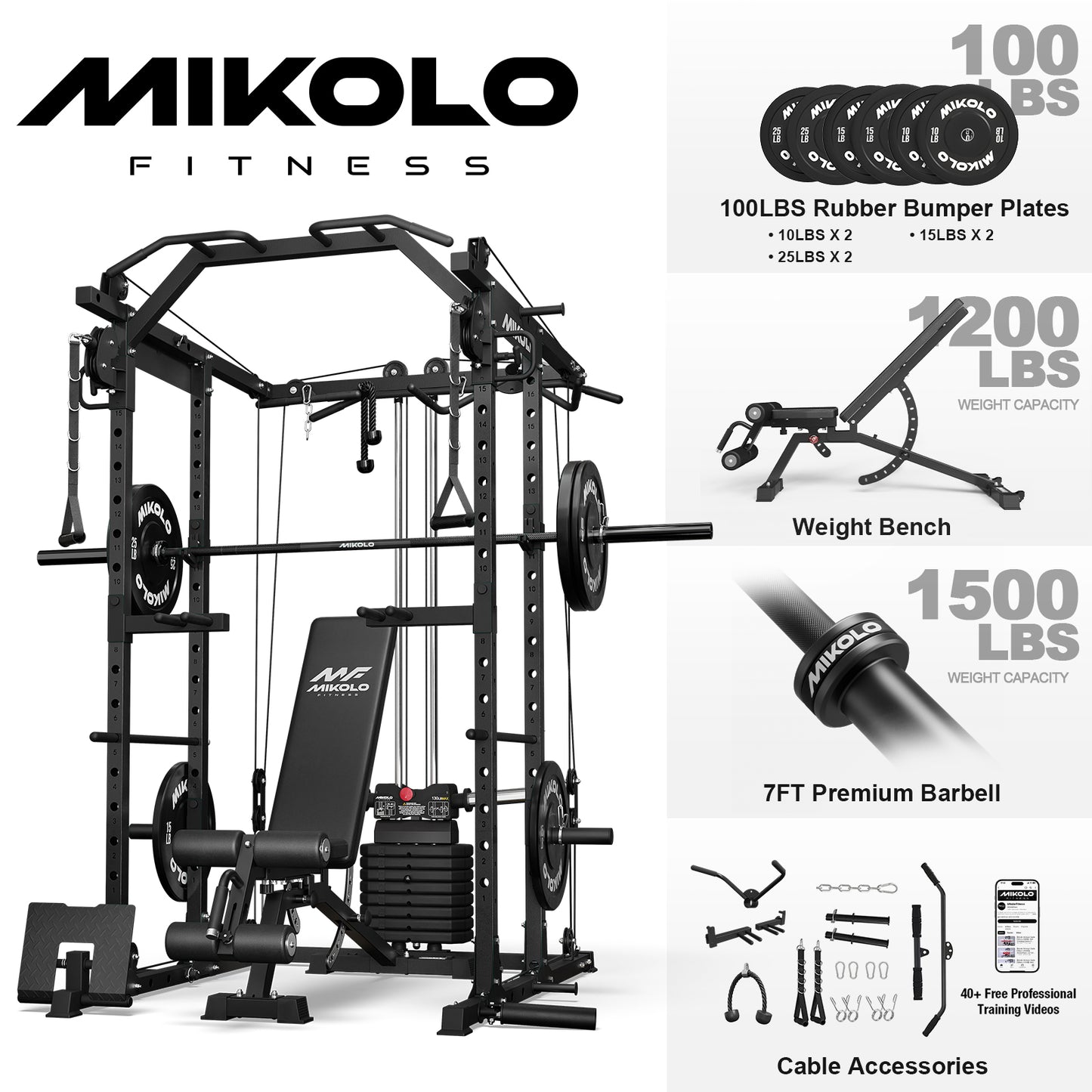 Mikolo Power Rack Cage, Weight Stack Power Cage with Cable Crossover Machine, Multi-Function Squat Rack with Dip Bars and Landmine for Home Gym Red