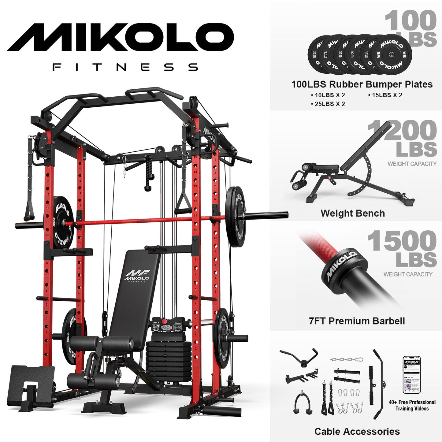 Mikolo Power Rack Cage, Weight Stack Power Cage with Cable Crossover Machine, Multi-Function Squat Rack with Dip Bars and Landmine for Home Gym Red