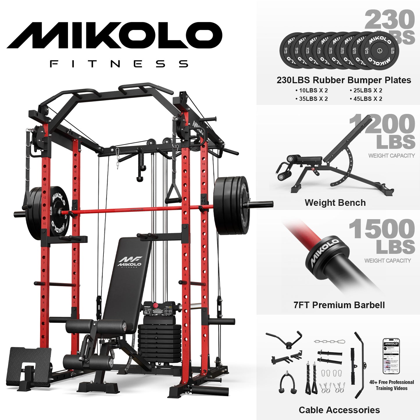 Mikolo Power Rack Cage, Weight Stack Power Cage with Cable Crossover Machine, Multi-Function Squat Rack with Dip Bars and Landmine for Home Gym Red