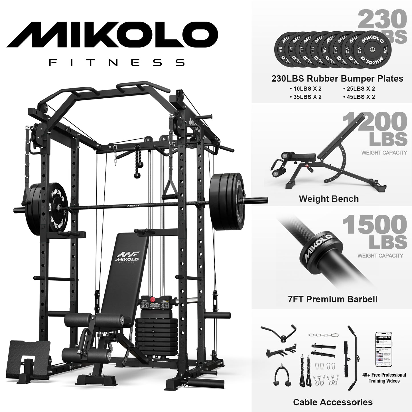 Mikolo Power Rack Cage, Weight Stack Power Cage with Cable Crossover Machine, Multi-Function Squat Rack with Dip Bars and Landmine for Home Gym Red