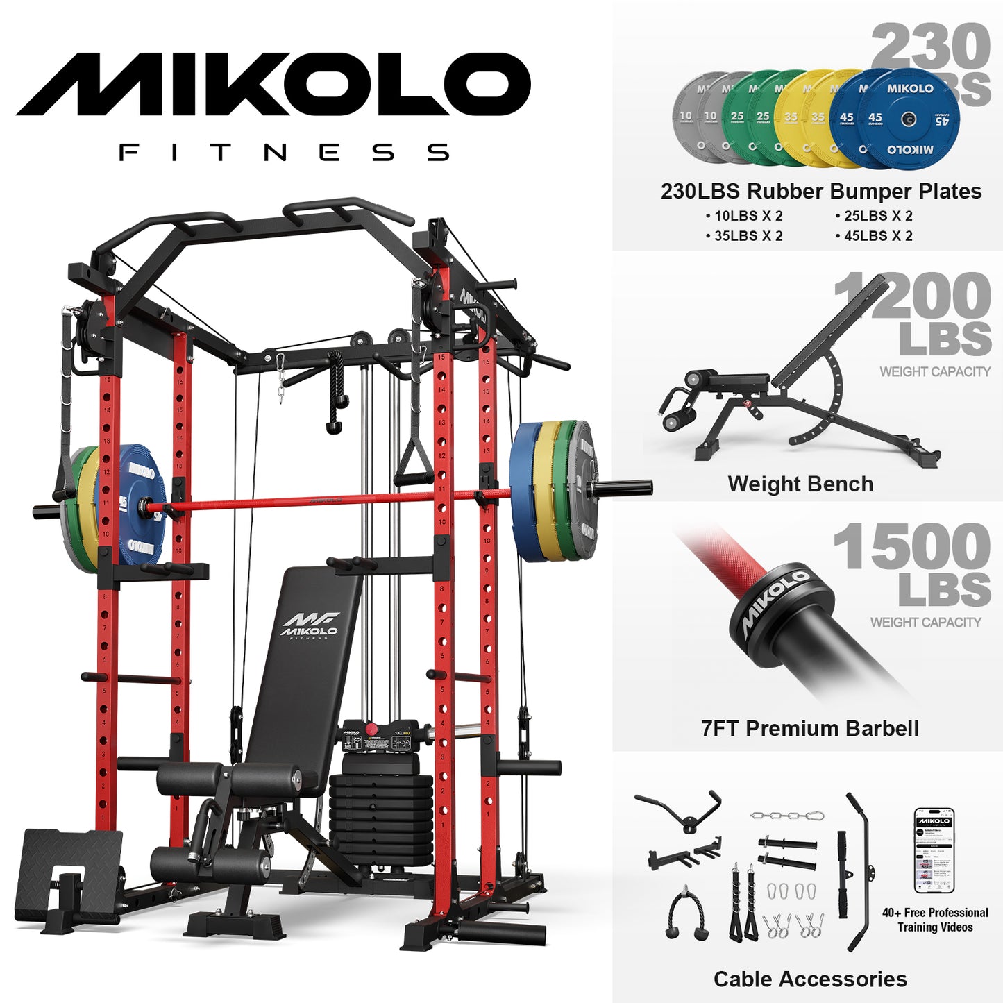 Mikolo Power Rack Cage, Weight Stack Power Cage with Cable Crossover Machine, Multi-Function Squat Rack with Dip Bars and Landmine for Home Gym Red