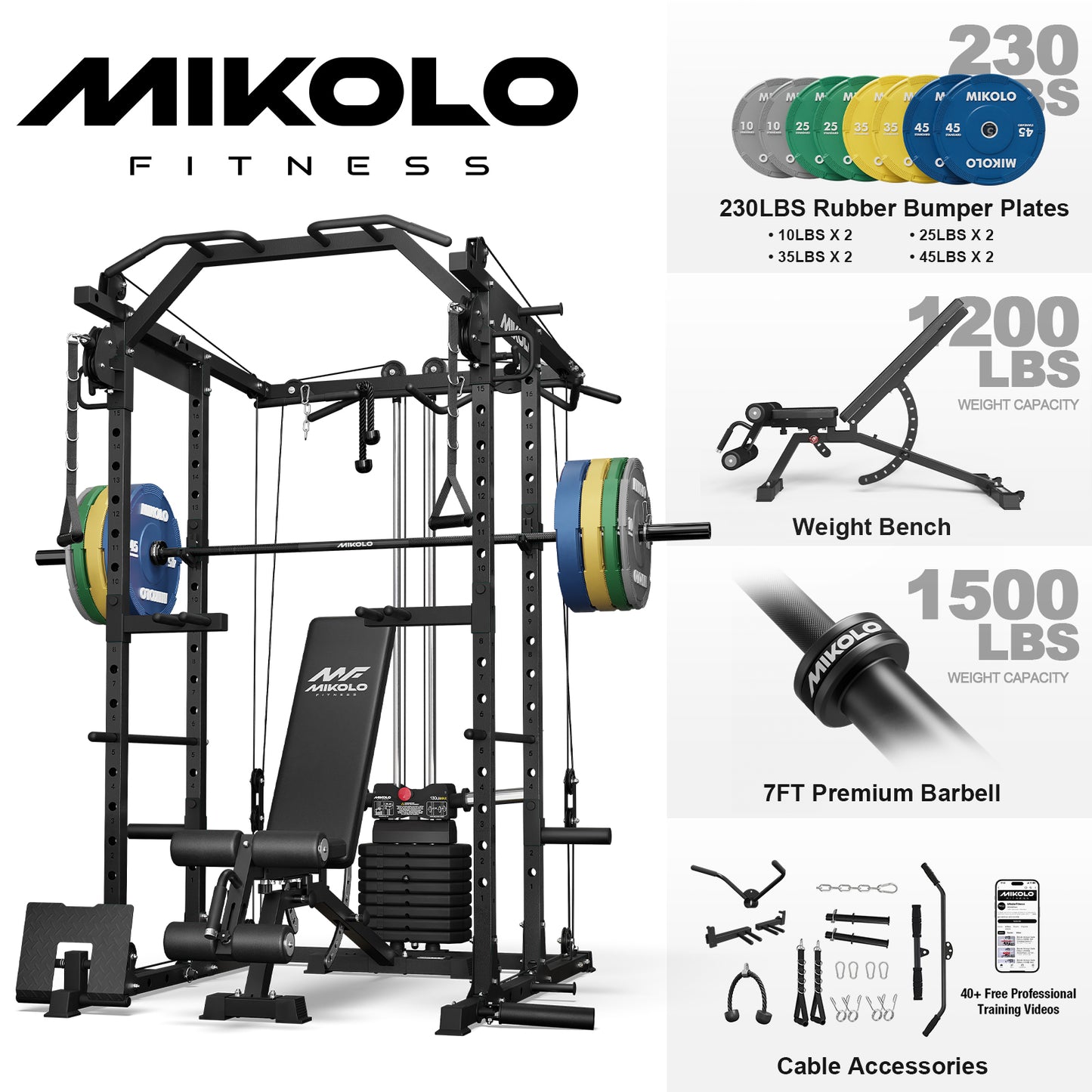 Mikolo Power Rack Cage, Weight Stack Power Cage with Cable Crossover Machine, Multi-Function Squat Rack with Dip Bars and Landmine for Home Gym Red