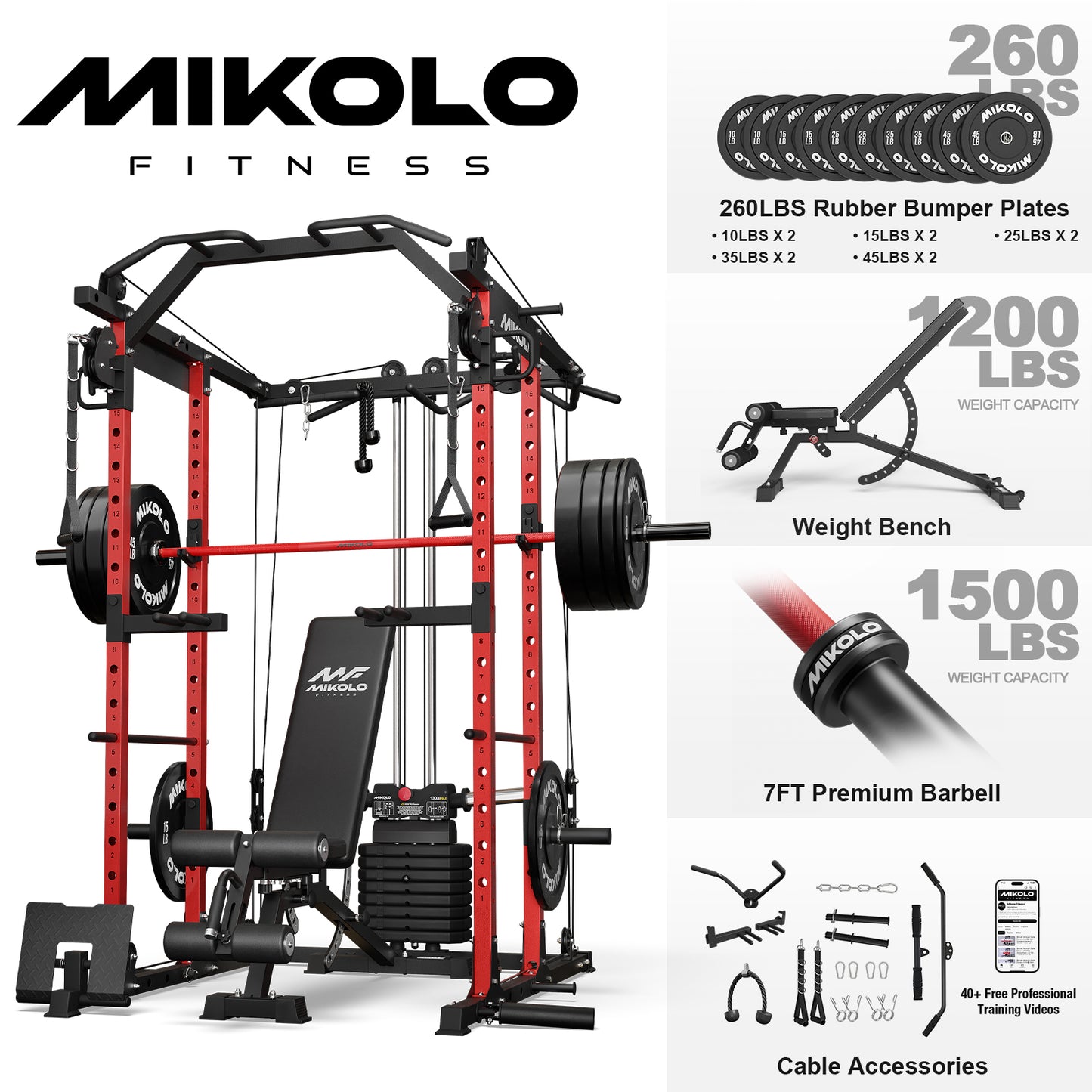 Mikolo Power Rack Cage, Weight Stack Power Cage with Cable Crossover Machine, Multi-Function Squat Rack with Dip Bars and Landmine for Home Gym Red