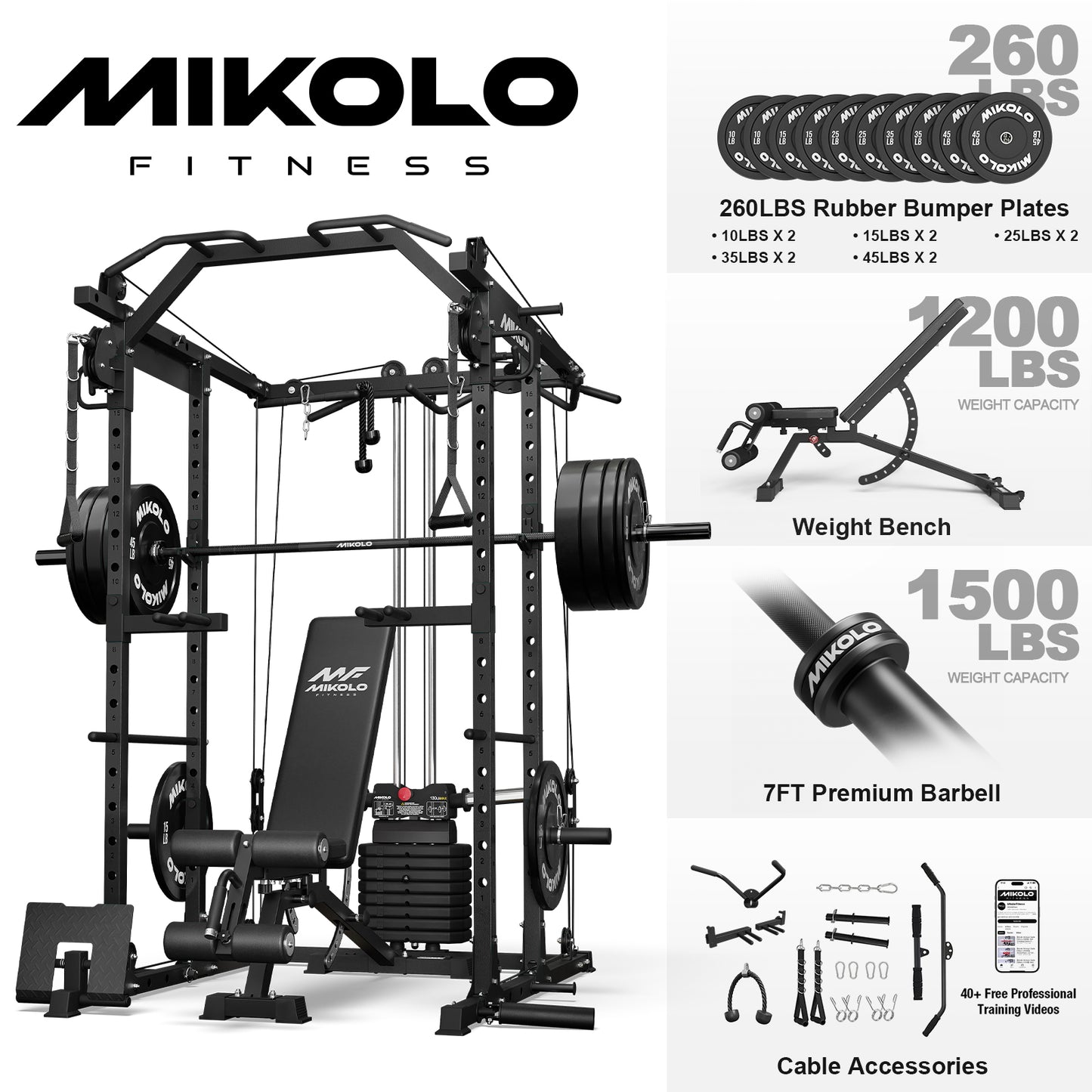 Mikolo Power Rack Cage, Weight Stack Power Cage with Cable Crossover Machine, Multi-Function Squat Rack with Dip Bars and Landmine for Home Gym Red