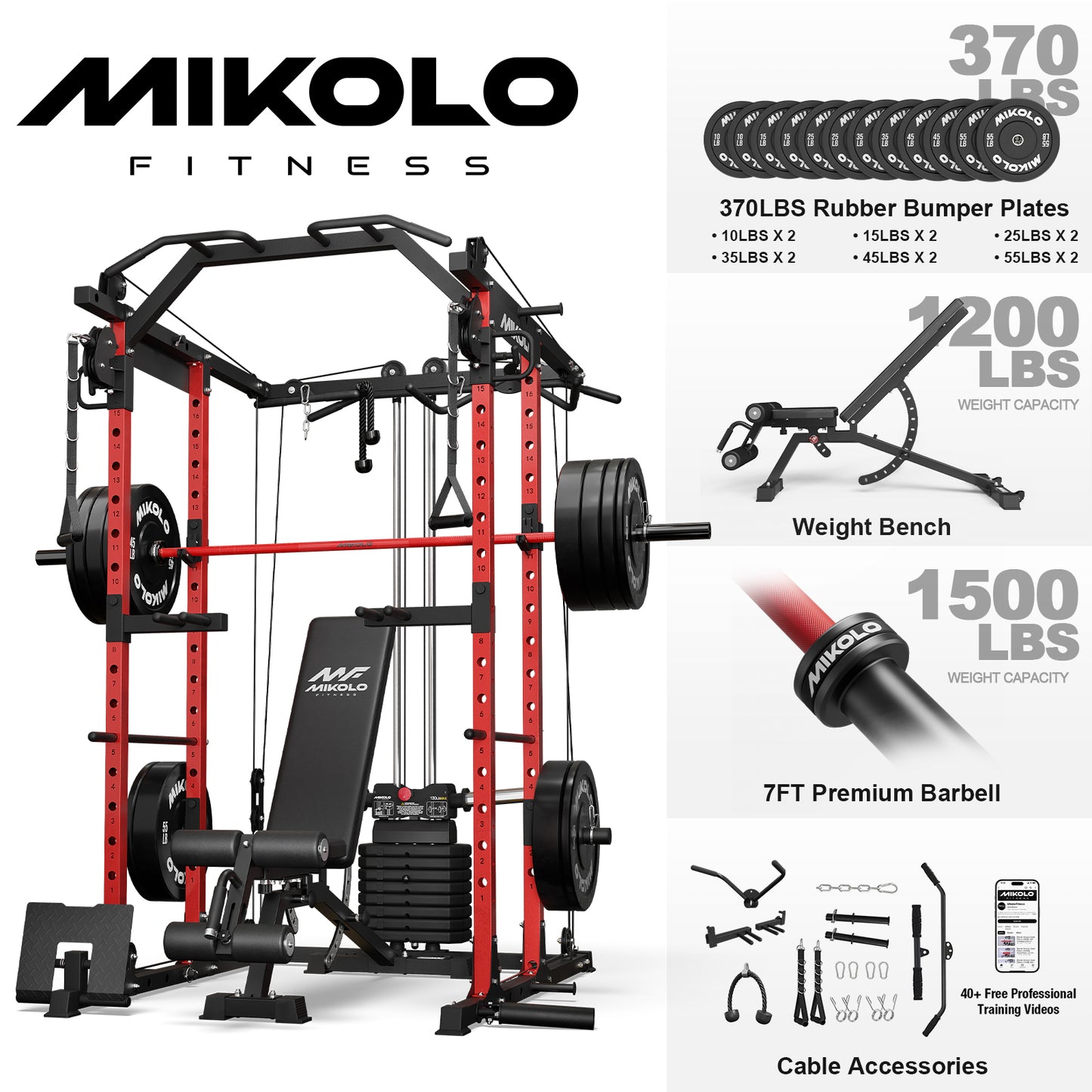 Mikolo Power Rack Cage, Weight Stack Power Cage with Cable Crossover Machine, Multi-Function Squat Rack with Dip Bars and Landmine for Home Gym Red