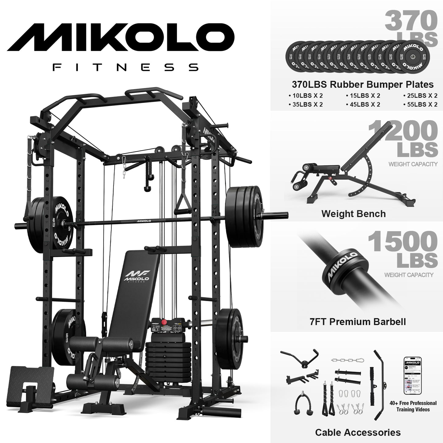 Mikolo Power Rack Cage, Weight Stack Power Cage with Cable Crossover Machine, Multi-Function Squat Rack with Dip Bars and Landmine for Home Gym Red