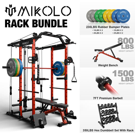 Mikolo Power Rack Cage, Weight Cage with 800LB Capacity Adjustable Weight Bench, 1500LB Capacity Barbell and 230LB Weight Plate set 350LB Dumbbell Set Combo