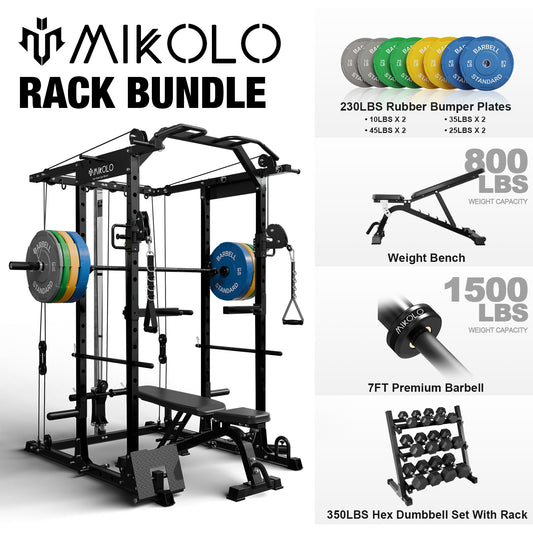 Mikolo Power Rack Cage, Weight Cage with 800LB Capacity Adjustable Weight Bench, 1500LB Capacity Barbell and 230LB Weight Plate set Combo 350LB Dumbbell Set