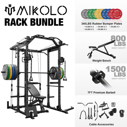Mikolo Power Rack Cage, Weight Cage with 800LB Capacity Adjustable Weight Bench, 1500LB Capacity Barbell and 340LB Weight Plate set Combo Home Gym Package