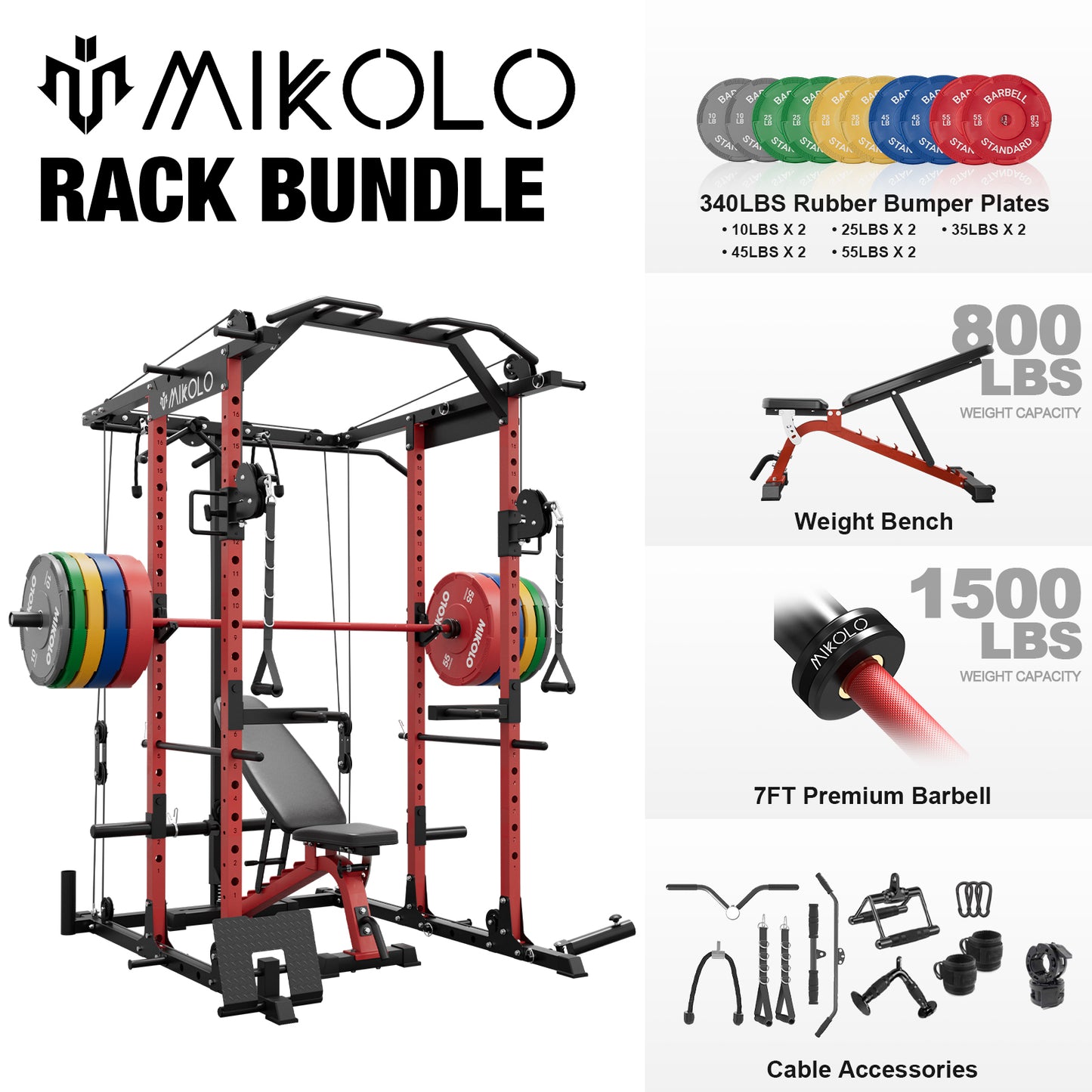 Mikolo Power Rack Cage, Weight Cage with 800LB Capacity Adjustable Weight Bench, 1500LB Capacity Barbell and 340LB Weight Plate set Combo, Home Gym Package