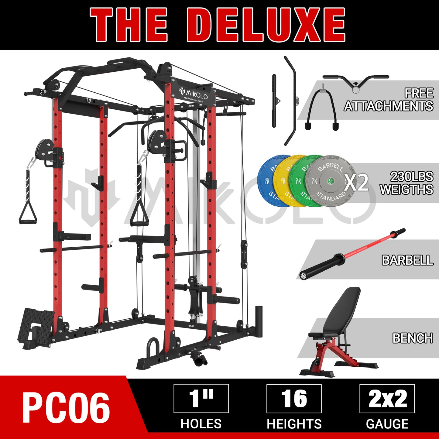 Mikolo Power Rack Cage, 1500LBS Weight Cage with 800LB Capacity Adjustable Weight Bench, 1500LB Capacity Barbell and 230LB Weight Plate set Combo, Home Gym Package