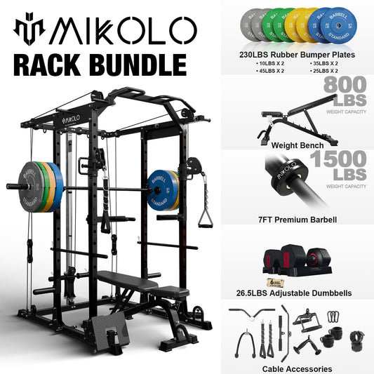 Mikolo Power Rack Cage, Black Weight Cage with 800LB Capacity Adjustable Weight Bench, 1500LB Capacity Barbell and 230LB Weight Plate set 26.5LB Adjustable Dumbbell Set