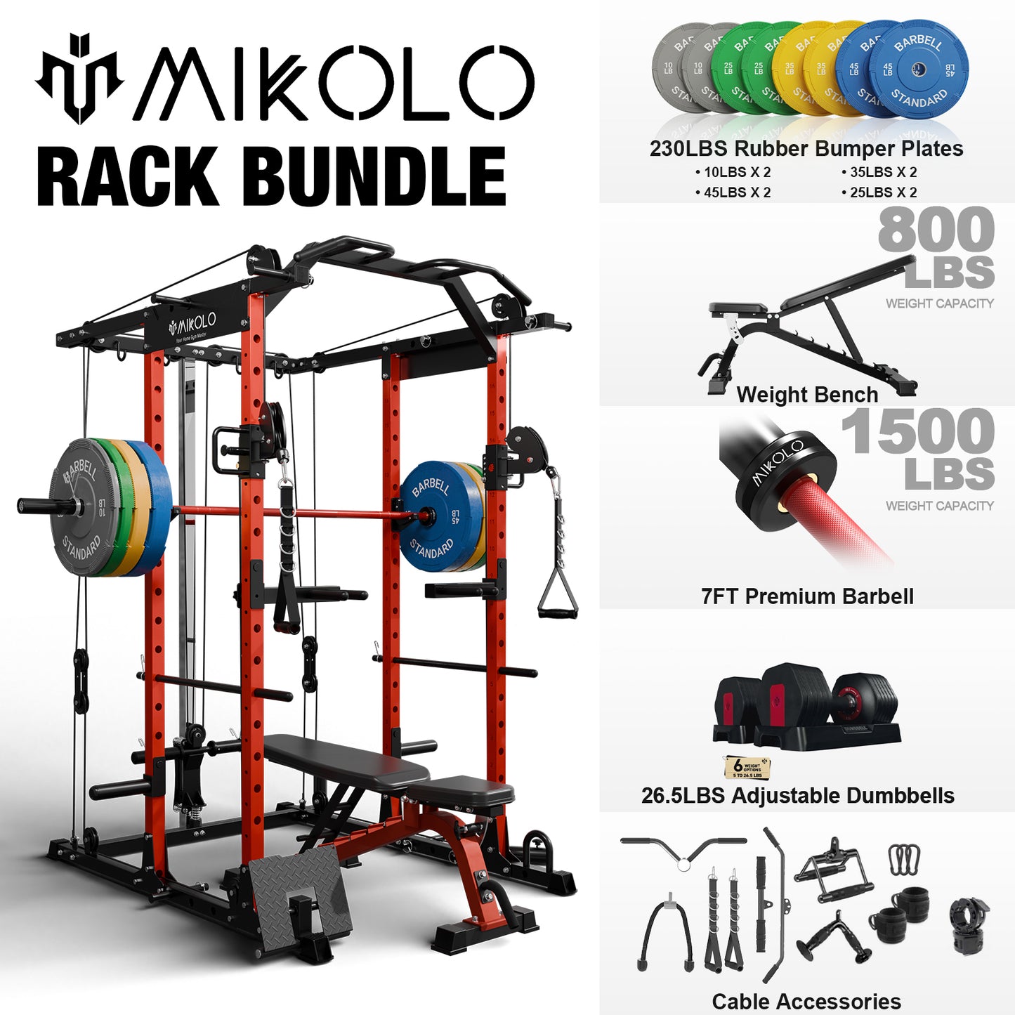 Mikolo Power Rack Cage, Weight Cage with 800LB Capacity Adjustable Weight Bench, 1500LB Capacity Barbell and 230LB Weight Plate set 26.5LB Adjustable Dumbbell Set