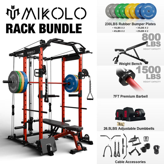 Mikolo Power Rack Cage, Weight Cage with 800LB Capacity Adjustable Weight Bench, 1500LB Capacity Barbell and 230LB Weight Plate set 26.5LB Adjustable Dumbbell Set