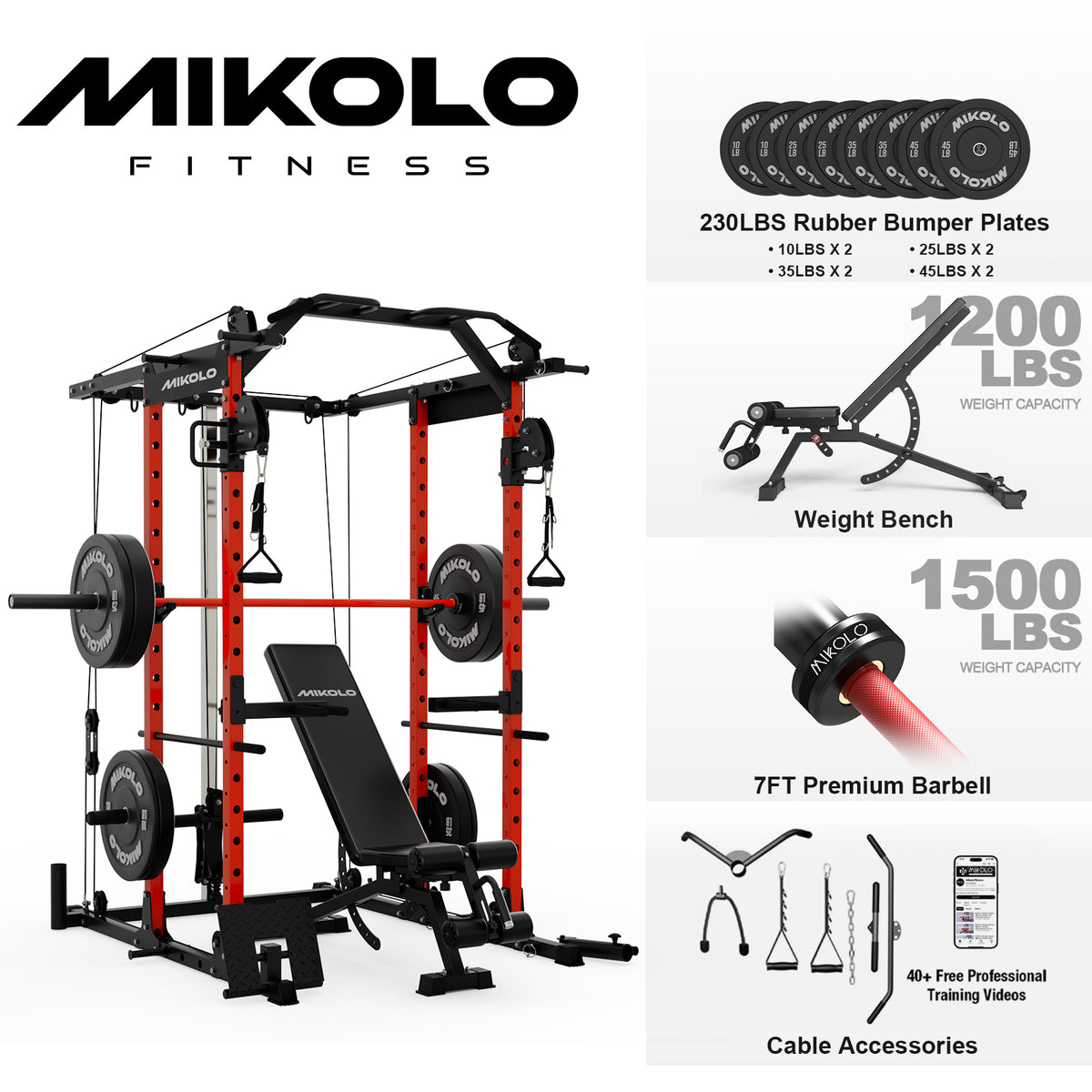 Mikolo Power Rack Cage, Weight Rack with Cable Crossover Machine,Multi-Function Squat Rack with J Hooks,Dip Bars and Landmine for Home Gym Red