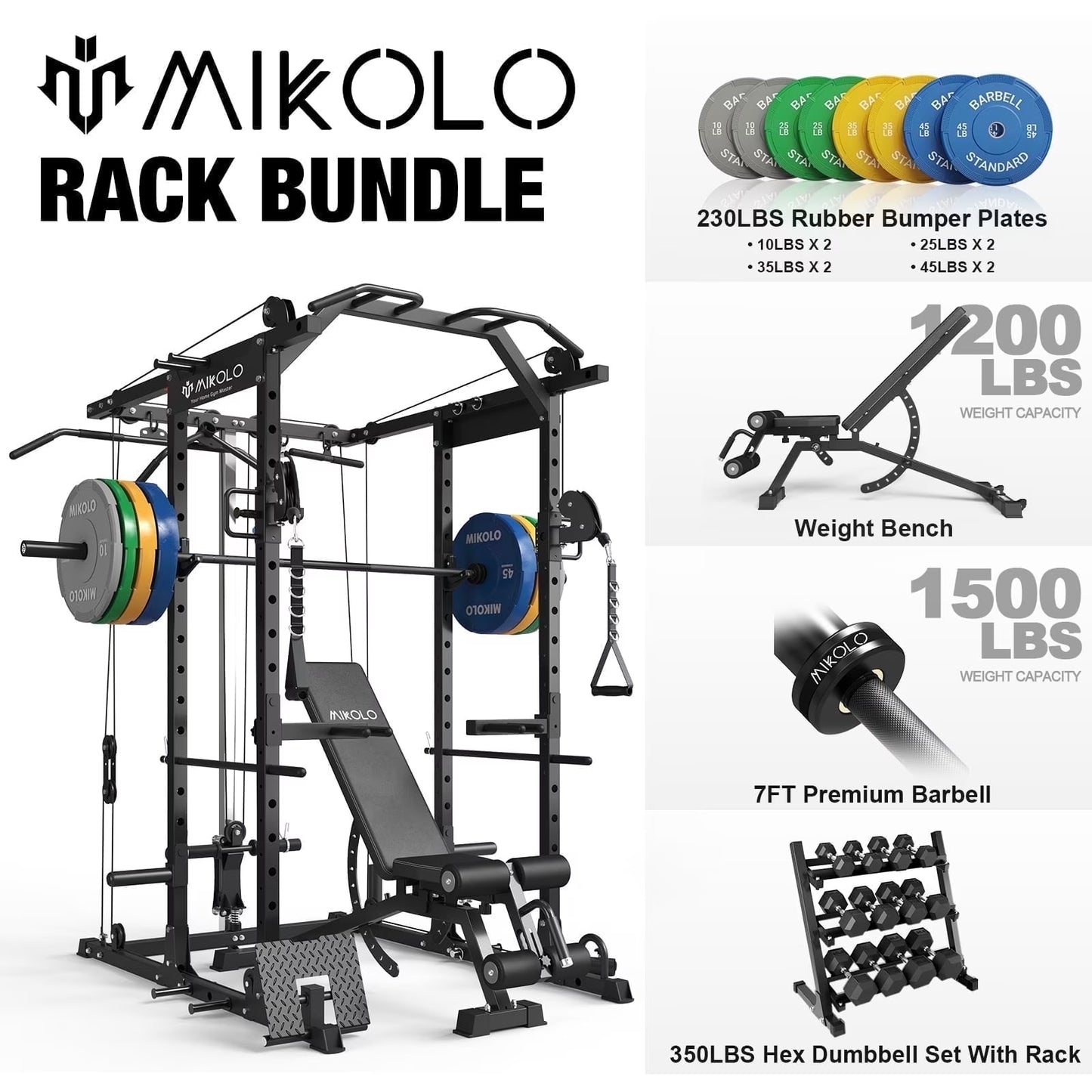 Mikolo Power Rack Cage, Weight Rack with Cable Crossover Machine,Multi-Function Squat Rack with J Hooks,Dip Bars and Landmine for Home Gym Red