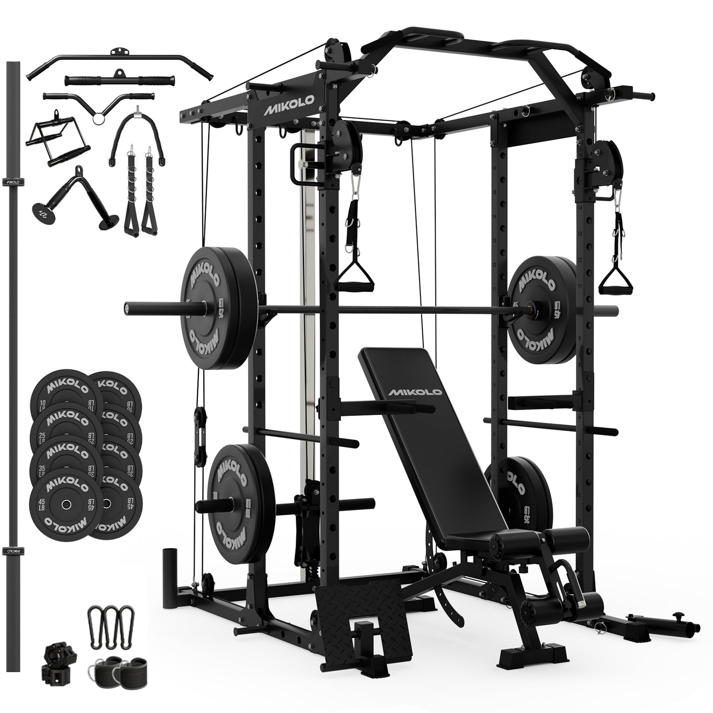 Mikolo Power Rack Cage, 1500LBS Weight Cage with 800LB Capacity Adjustable Weight Bench, 1500LB Capacity Barbell and 230LB Weight Plate set Red