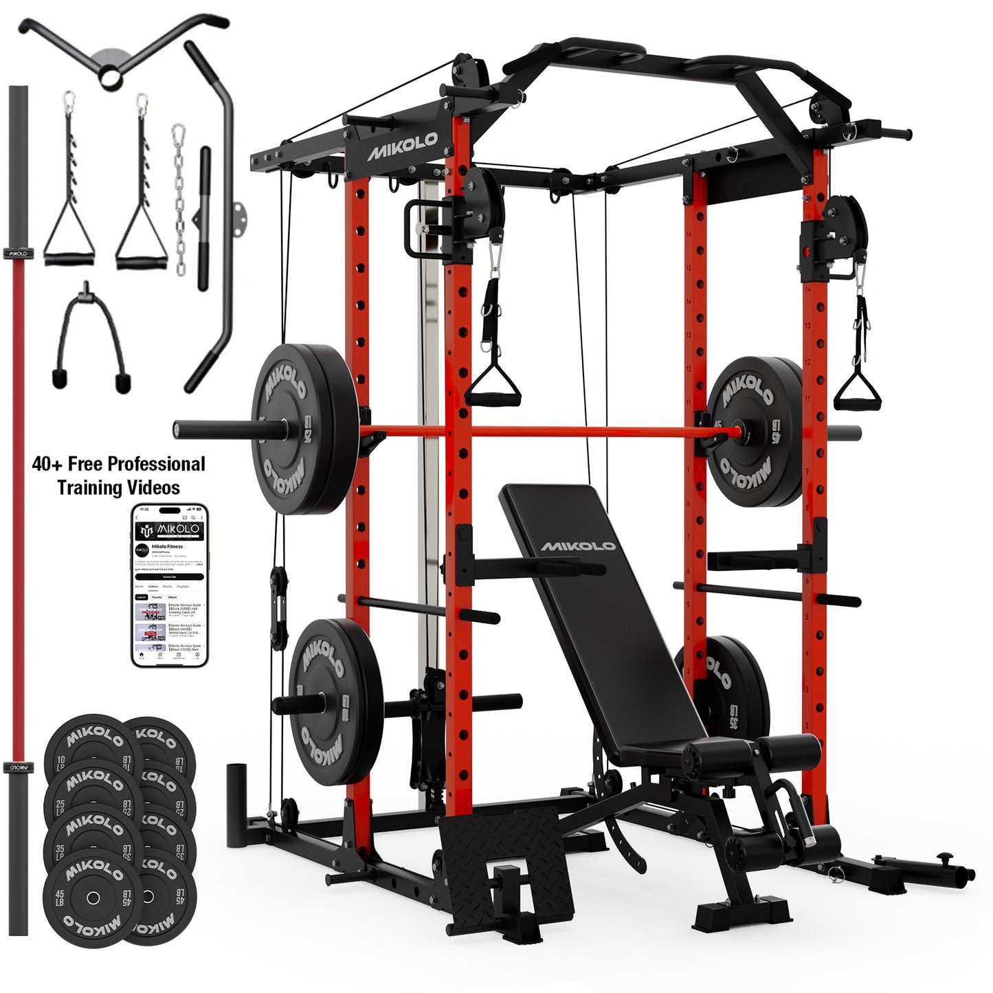 Mikolo Power Rack Cage, 1500LBS Weight Cage with 800LB Capacity Adjustable Weight Bench, 1500LB Capacity Barbell and 230LB Weight Plate set Red