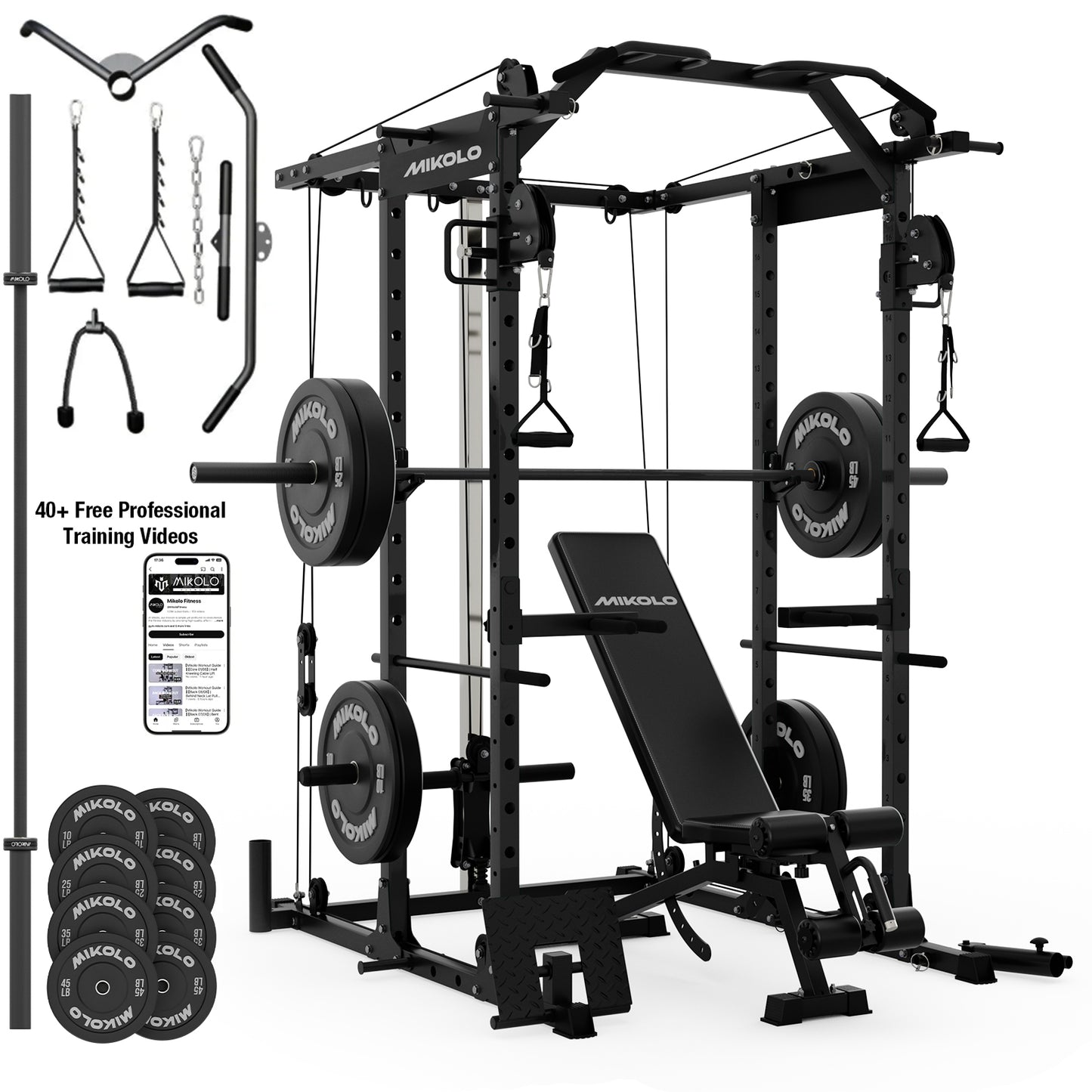 Mikolo Power Rack Cage, 1500LBS Weight Cage with 800LB Capacity Adjustable Weight Bench, 1500LB Capacity Barbell and 230LB Weight Plate set Red