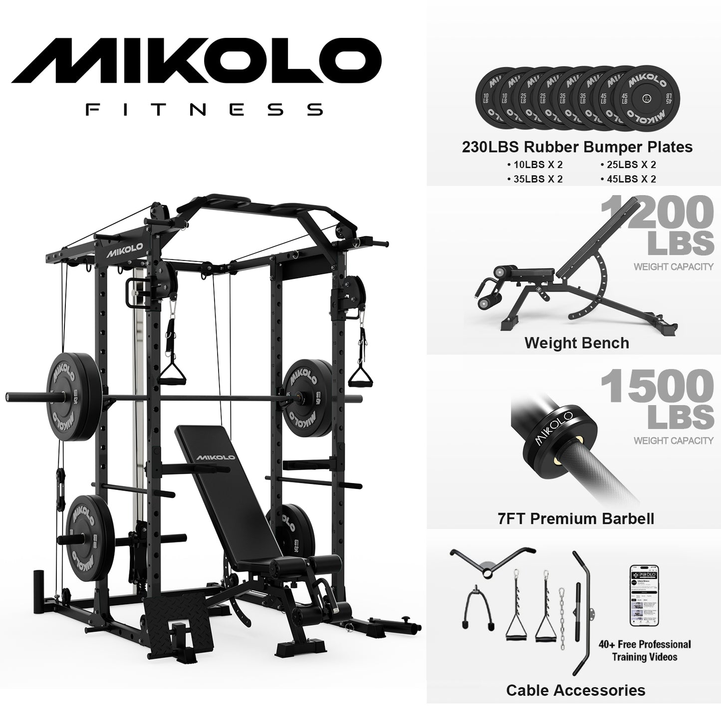 Mikolo Power Rack Cage, Weight Rack with Cable Crossover Machine,Multi-Function Squat Rack with J Hooks,Dip Bars and Landmine for Home Gym Red