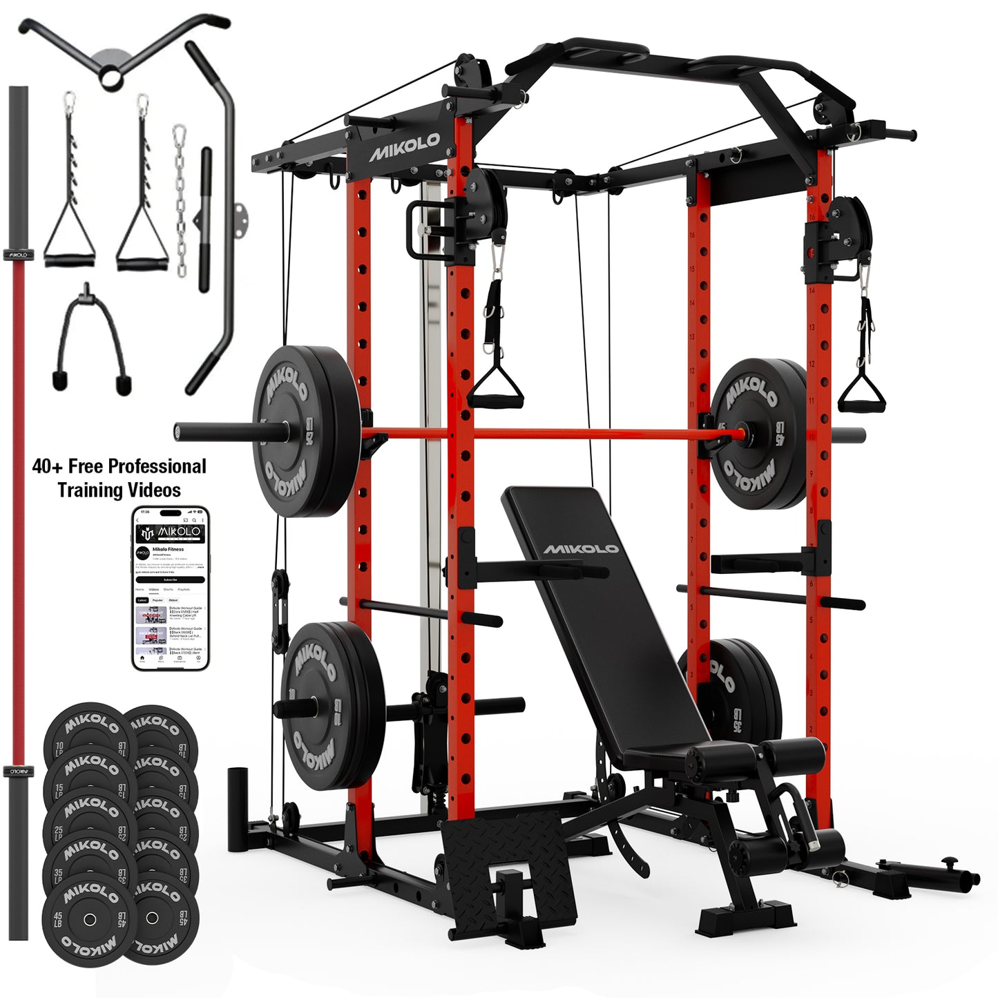 Mikolo Power Rack Cage, 1500LBS Weight Cage with 800LB Capacity Adjustable Weight Bench, 1500LB Capacity Barbell and 230LB Weight Plate set Red
