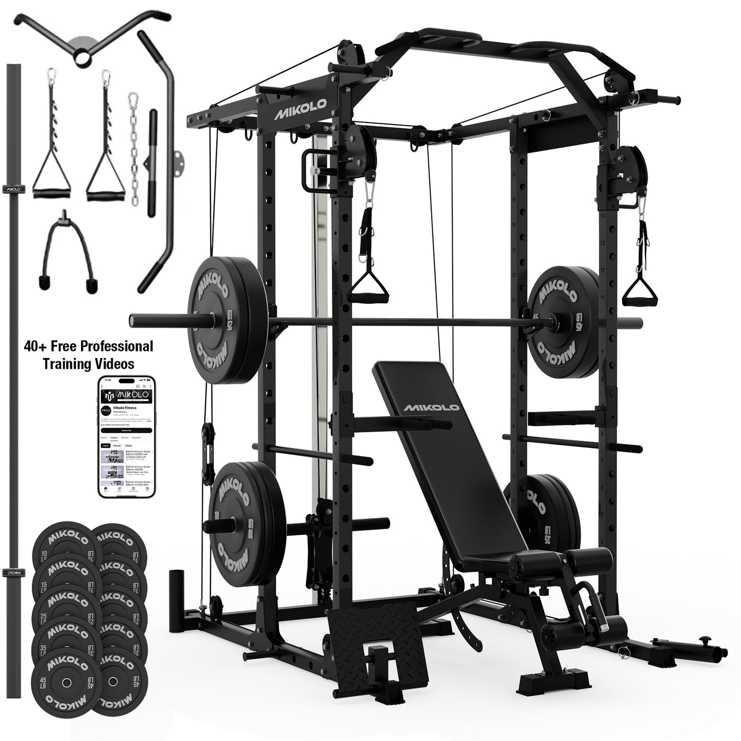 Mikolo Power Rack Cage, 1500LBS Weight Cage with 800LB Capacity Adjustable Weight Bench, 1500LB Capacity Barbell and 230LB Weight Plate set Red