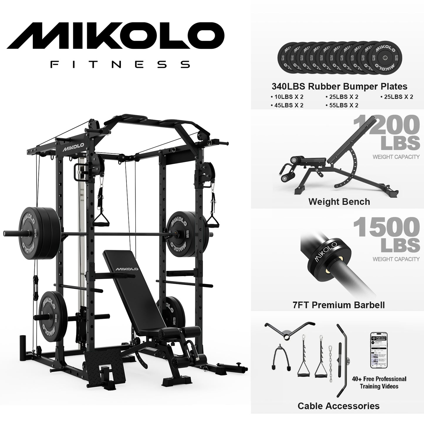 Mikolo Power Rack Cage, Weight Rack with Cable Crossover Machine,Multi-Function Squat Rack with J Hooks,Dip Bars and Landmine for Home Gym Red