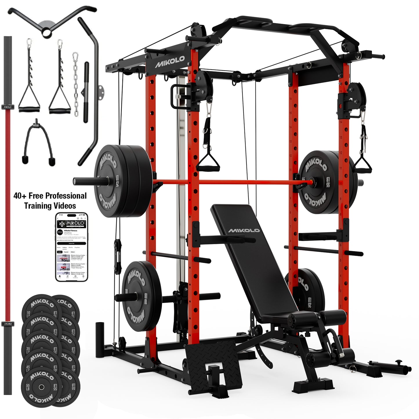 Mikolo Power Rack Cage, 1500LBS Weight Cage with 800LB Capacity Adjustable Weight Bench, 1500LB Capacity Barbell and 230LB Weight Plate set Red